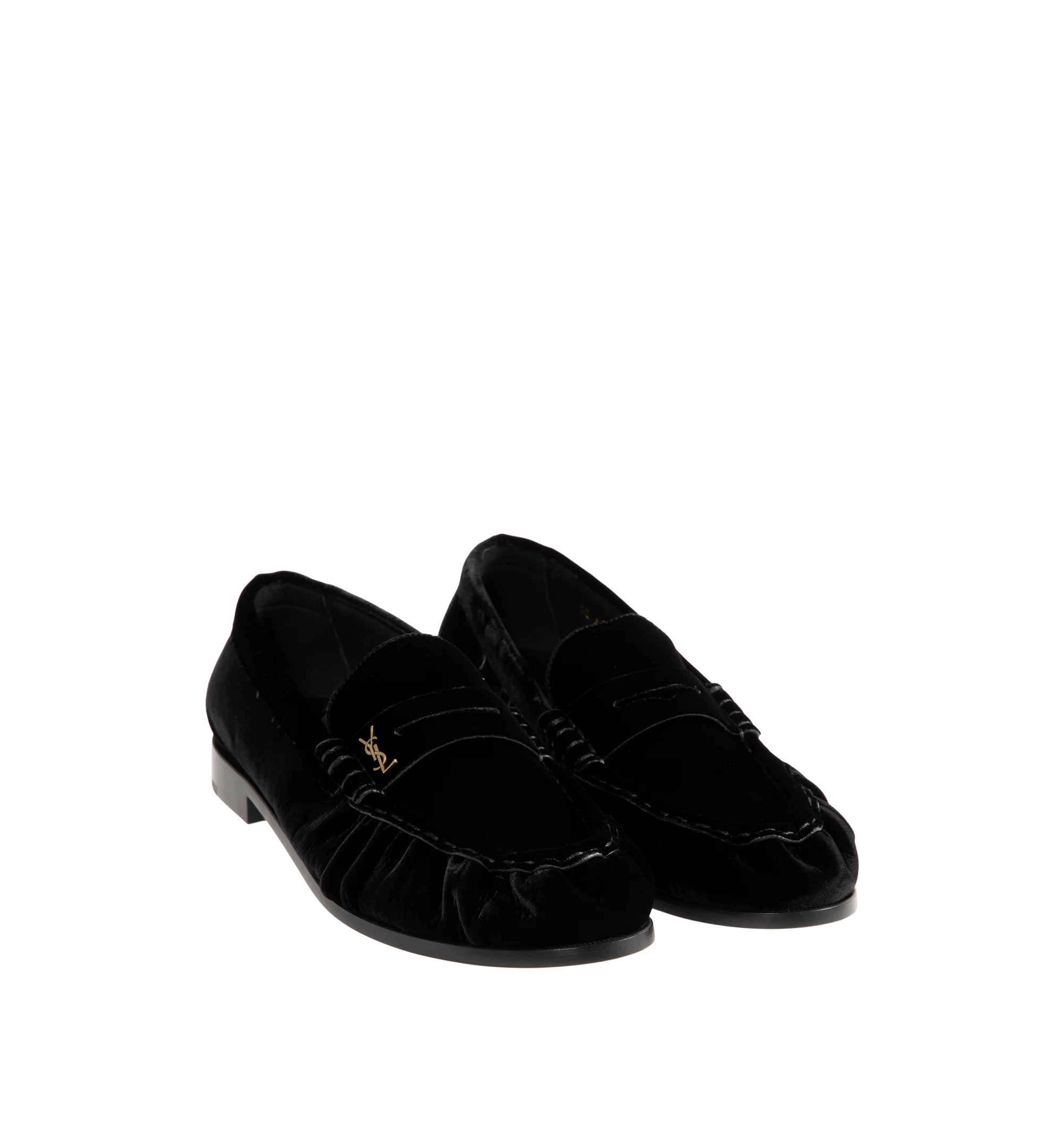 Image 2 of 4 - BLACK - Saint Laurent Men's Cassandre Velvet Penny Loafers are crafted from plush velvet and feature a supple silhouette with a hand-stitched moc toe for a refined finish. Designed with a classic penny loafer profile, these designer shoes are accented with the signature Cassandre in gold-tone brass hardware and finished with a leather sole and low stacked heel. Main Material: Velvet. Hardware: Brass. Sole: Leather. Heel Height: 1.5 cm / 0.6 in. Details: Gold-Tone Cassandre Hardware, Hand-Stit 