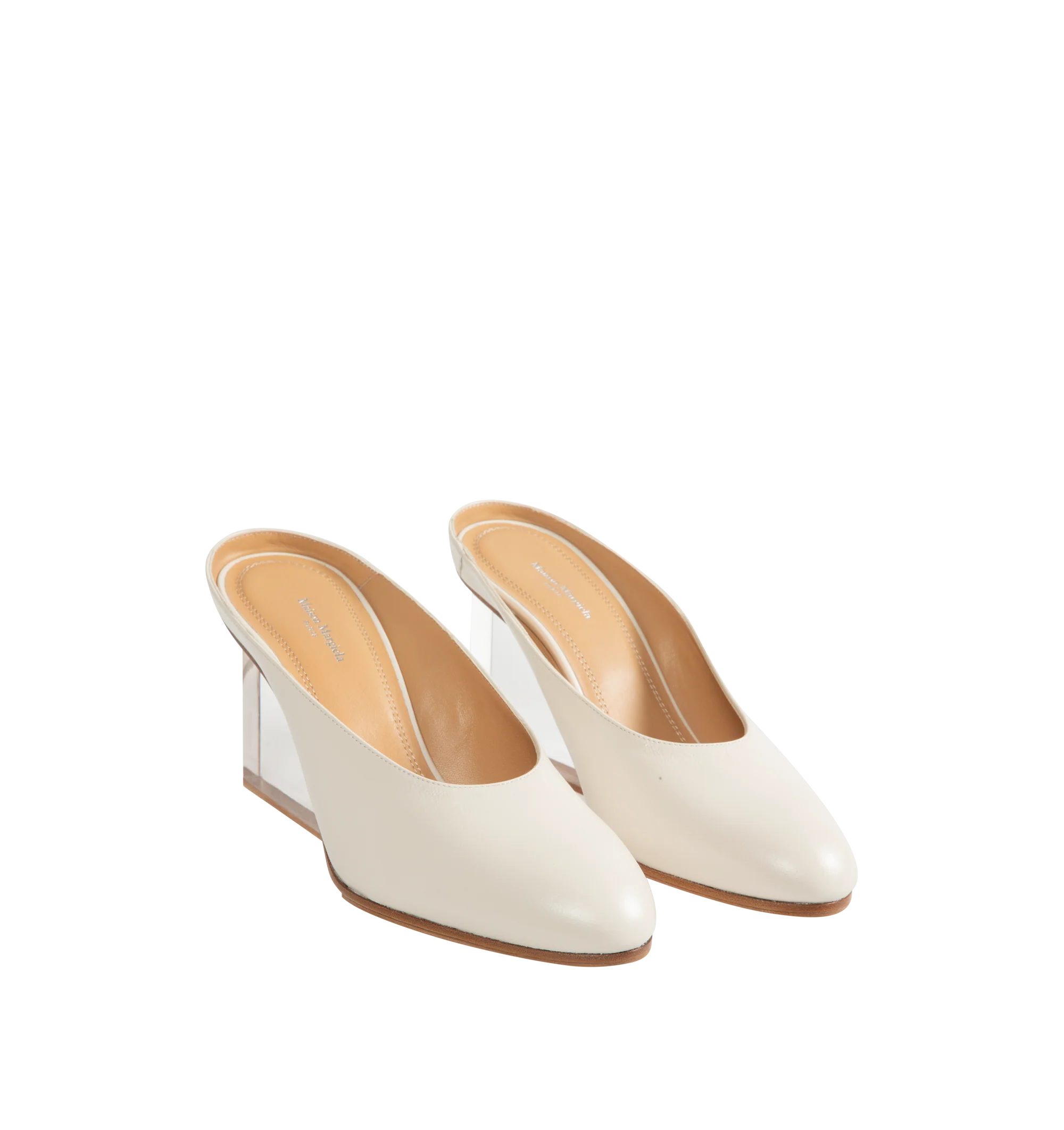 Image 2 of 4 - WHITE - Maison Margiela Women's Plexi Pump Mules are crafted from white calf leather with a soft, polished finish. The slip-on silhouette features a rounded toe, open back, sculpted transparent wedge heel, and the Maison's signature single white stitch at the back. Upper: 100% Calf Leather. Lining: 100% Ovine Leather. Contrast: 100% Calf Leather. Sole: 100% Calf Leather. Made in Italy. 