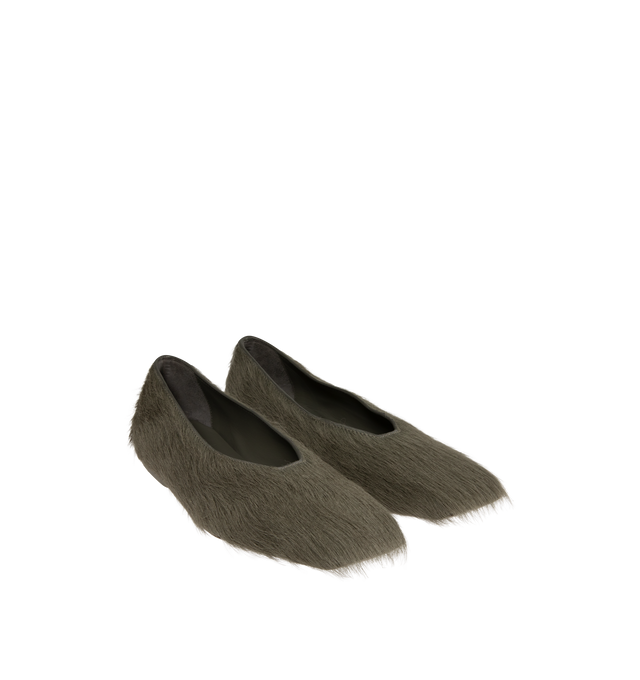 Image 2 of 4 - GREEN - Rick Owens Womens Ballerina Flats are crafted from cow hair  leather matreials with a square-toe silhouette. Feature a flat slip-on design, calf leather lining and insole, leather outsole with thermoplastic polyurethane detail, and genuine python upper with a naturally bleached finish. Upper: 100% Cow Hair ; Lining: 100% Calf Leather; Insole: 100% Calf Leather; Sole: 100% Cow Leather; Sole Detail: 100% Thermoplastic Polyurethane. Made in Italy. 