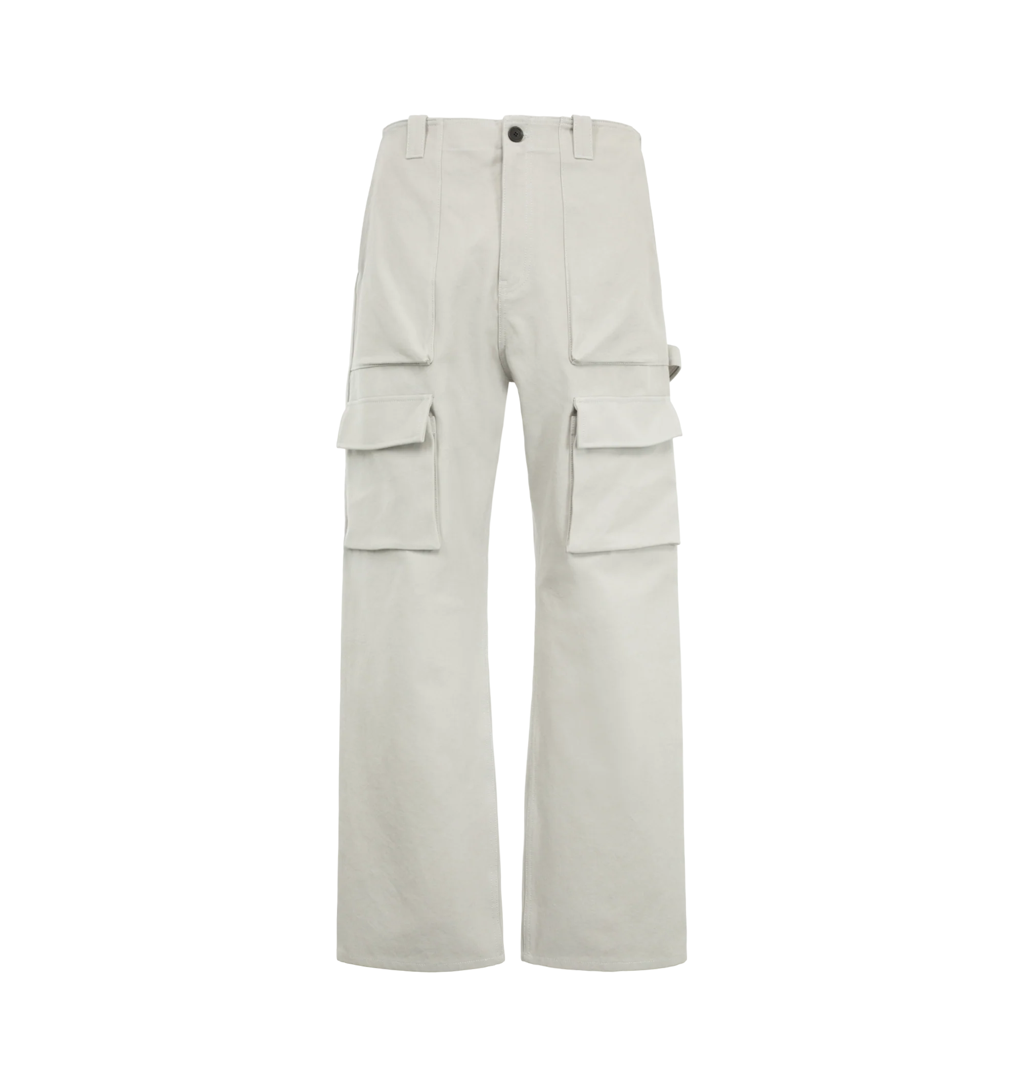 Image 1 of 3 - GREY - Loewe Men's Cargo Trousers are crafted from medium-weight grey cotton canvas and feature a regular fit with a mid-rise waist, straight leg, and regular length. Wire-trimmed flap pockets, slash pockets, rear patch pockets, a hammer loop, and a concealed zip fly define the utility-inspired design, while a Loewe rubber patch accents the rear pocket. Main Material: Cotton. Made in Italy.