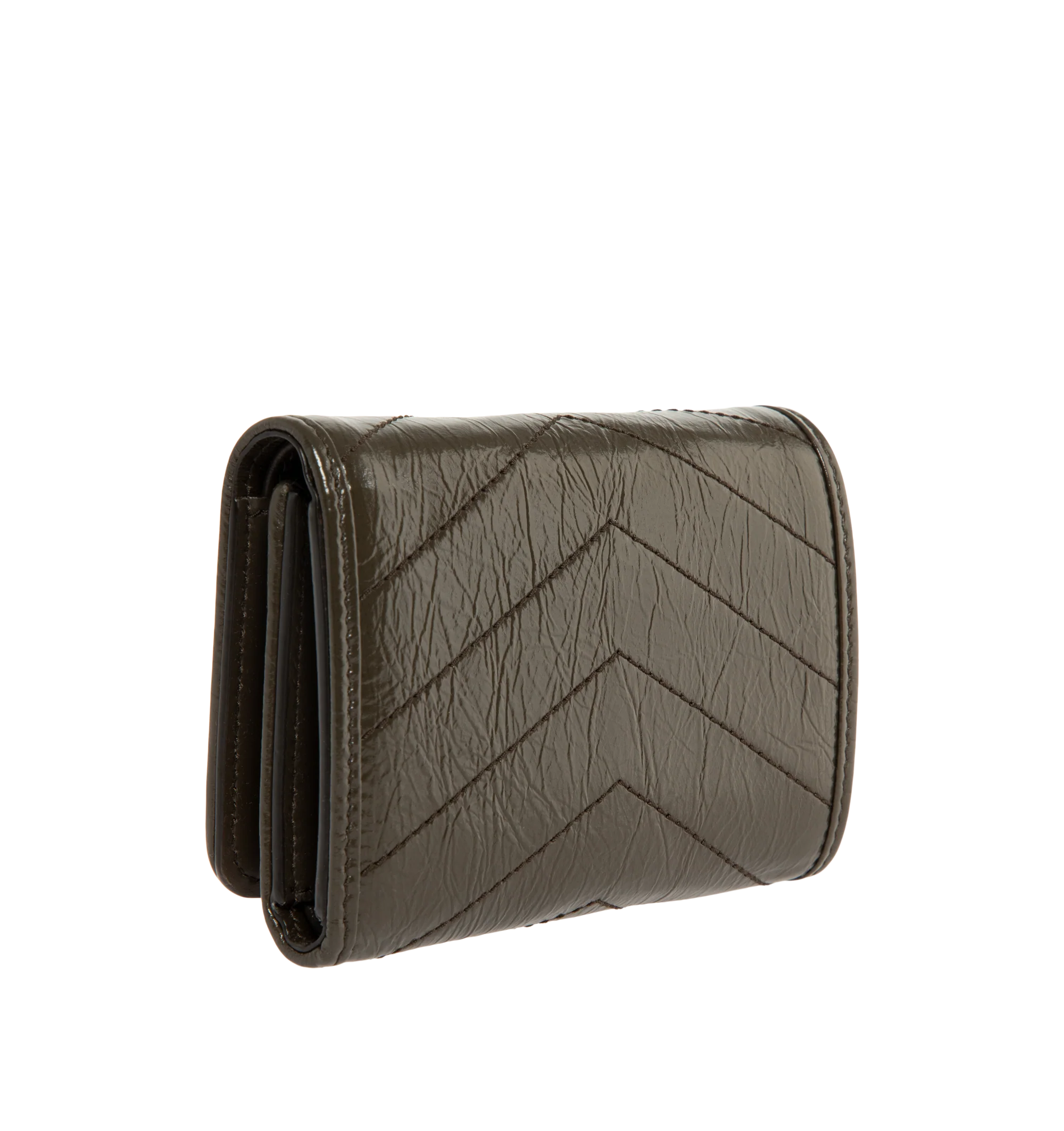 Image 2 of 3 - BROWN - Saint Laurent Womens Tri-Fold Wallet is crafted from calfskin leather. Features signature CASSANDRE hardware, quilted topstitching, snap-button closure, six card slots, one bill compartment, one zip coin pocket, and bronze-tone hardware. Dimensions: 12 11.5 2.5 cm. Main Material: Calfskin Leather; Hardware: Brass. Made in Italy.