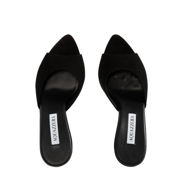 Image 4 of 4 - BLACK - Aquazzura Bisous mules are crafted from suede featuring a peep-toe silhouette, sculptural 95mm / 3.8 inch high wedge heel, leather lining, leather insole and sole. Made in Italy.