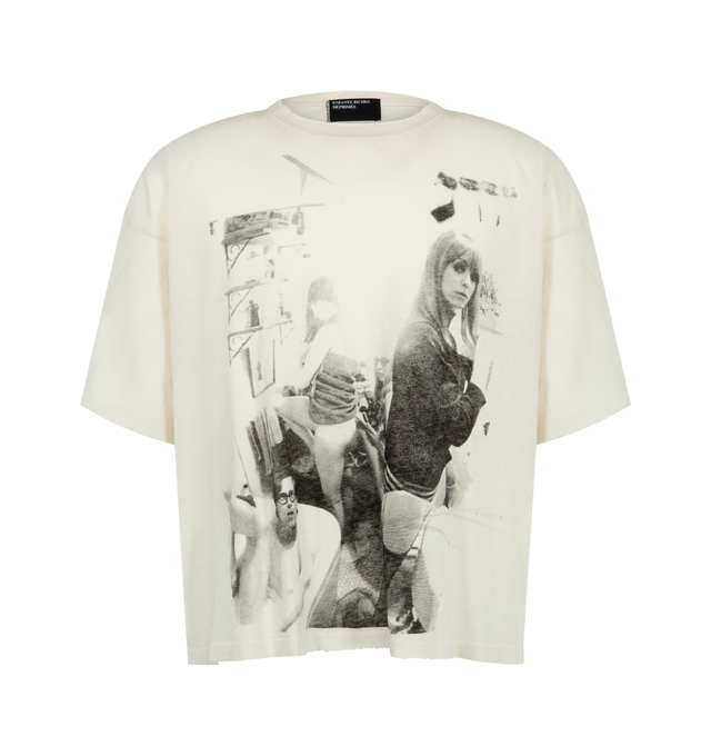 Image 1 of 2 - WHITE - Enfants Riches Deprimes Ivan's Childhood short sleeve T-shirt crafted from vintage texture cotton jersey. Featuring a boxy oversize fit, rib knit neckline, single stitch hem at cuffs and waist, contrast vertical and horizontal ladder stitch detail at the back, vintage wash process and distressing throughout, and printed artwork at the front and back. Made in USA.
