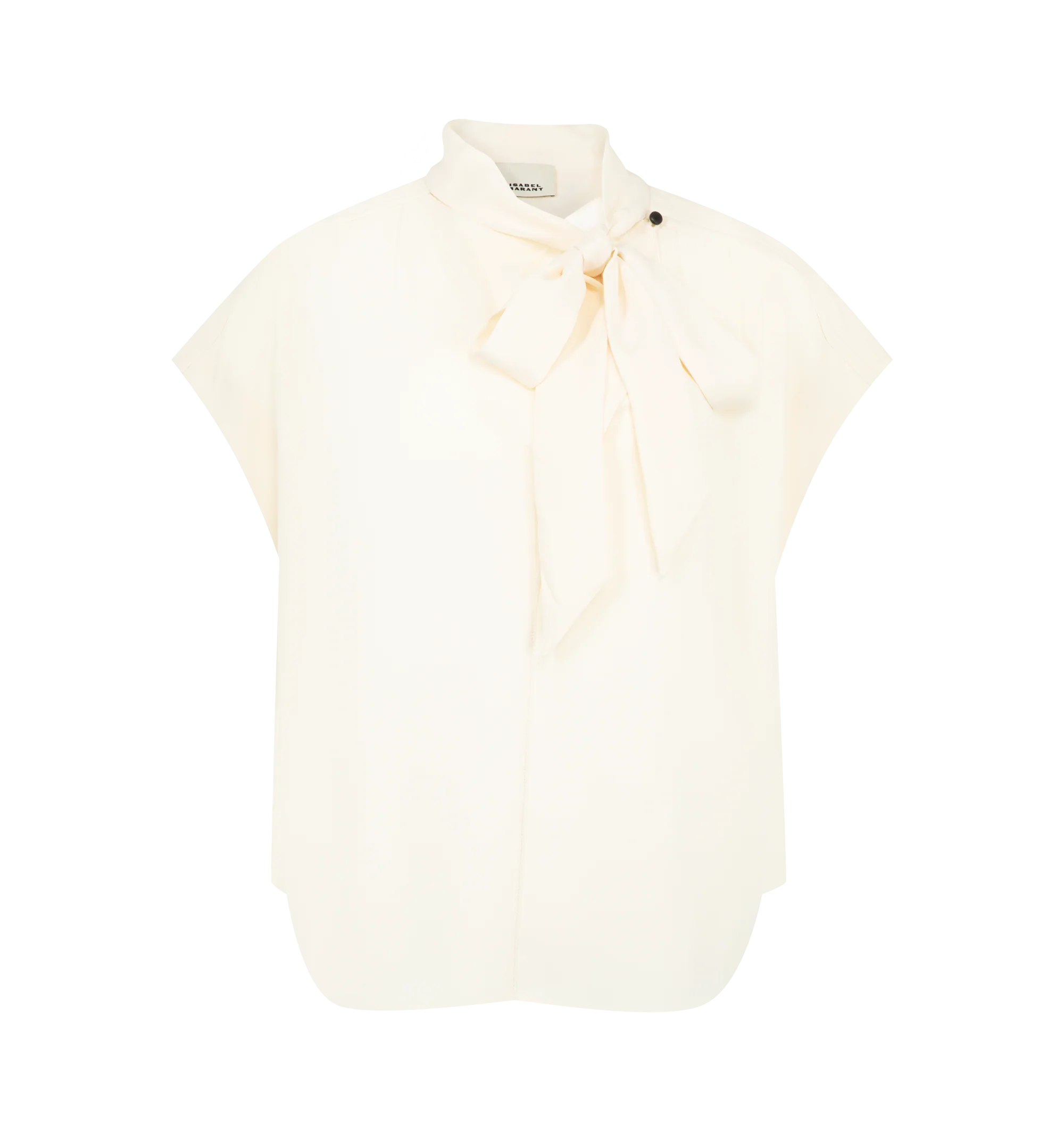 Image 1 of 2 - NEUTRAL - Isabel Marant Womens Selene-GB Top is crafted from a textured acetate blend. Features a relaxed silhouette with a stand collar, self-tie neck bow, concealed button-front closure, cap sleeves, and a curved hem. Main Material: 60% Acetate, 40% Polyester. Made in Romania.