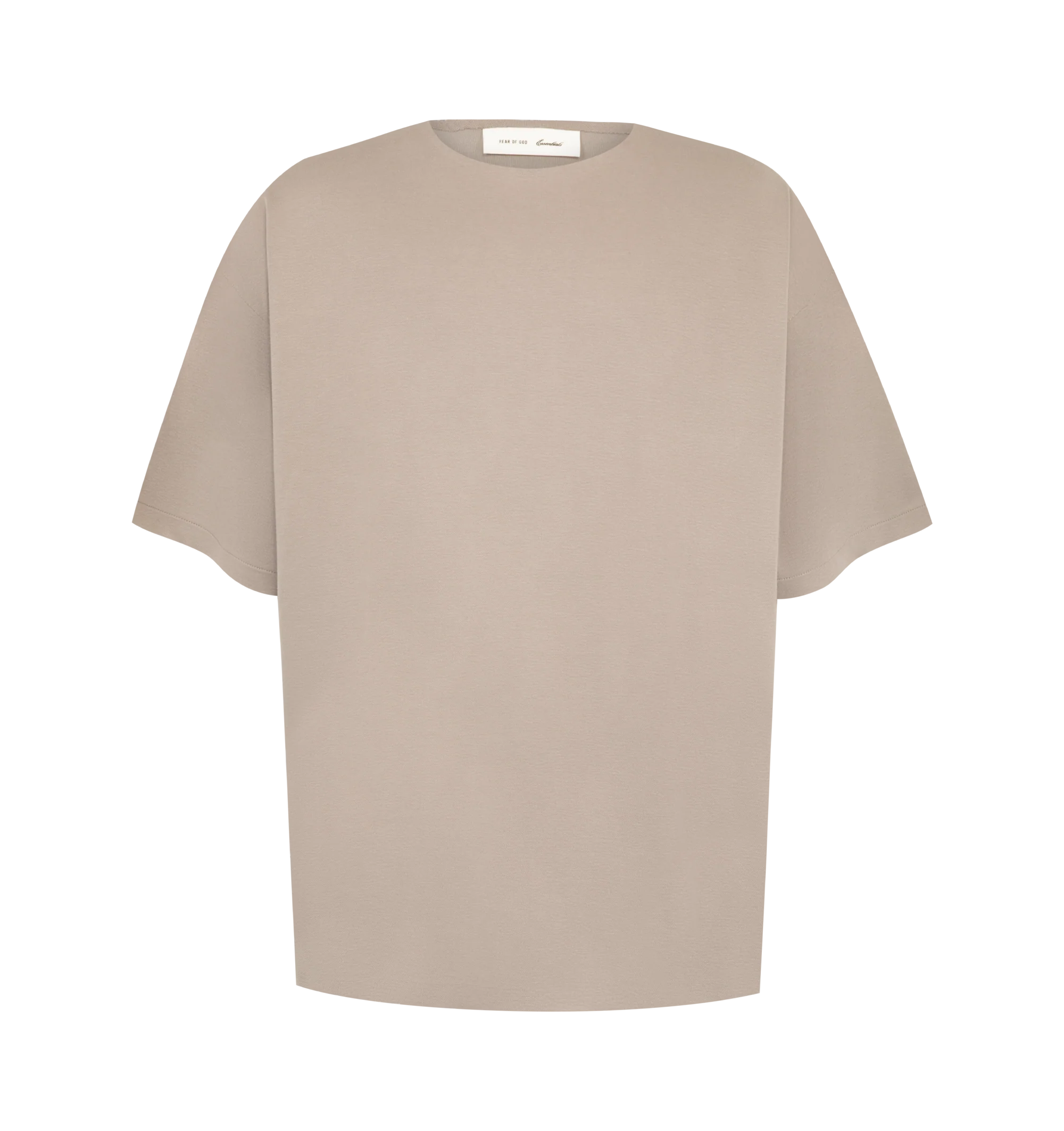 Image 1 of 2 - NEUTRAL - The Fear Of God Men's Modern Tee is crafted from 180GSM Ponte jersey and designed in a relaxed fit with dropped shoulders and 3/4-length sleeves. Details include a rib-knit collar and Essentials signature label at the center front.