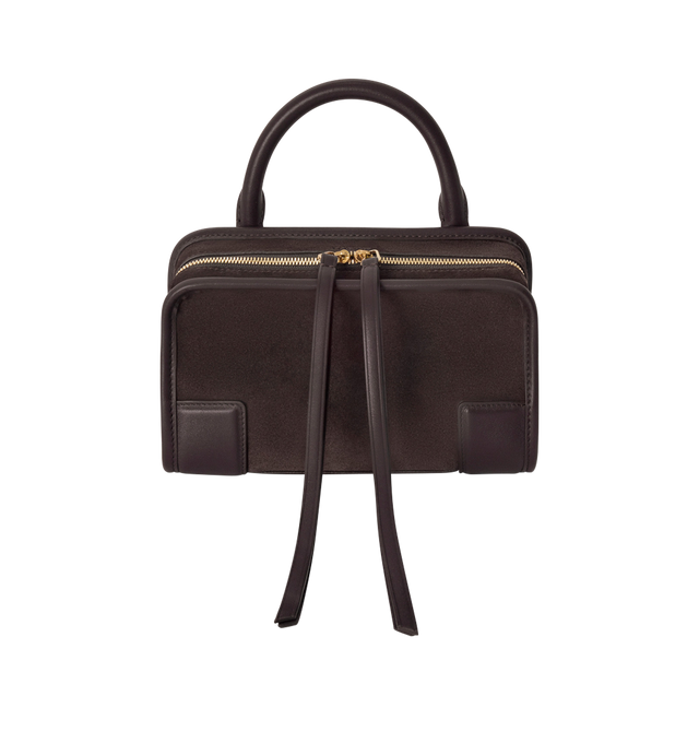 Image 5 of 13 - BROWN - LOEWE Mini Amazona 180 Bag in suede featuring a relaxed silhouette anchored by a single toron top handle, designed to be carried open, while a concealed closure secures the main compartment, removable shoulder and crossbody straps, two carry options: short handle, removable and adjustable crossbody strap, zip closure with two leather zip pullers, two compartments, main compartment closed with magnetic closure, left side d-ring for customization, suede and nappa lambskin lining, embos
