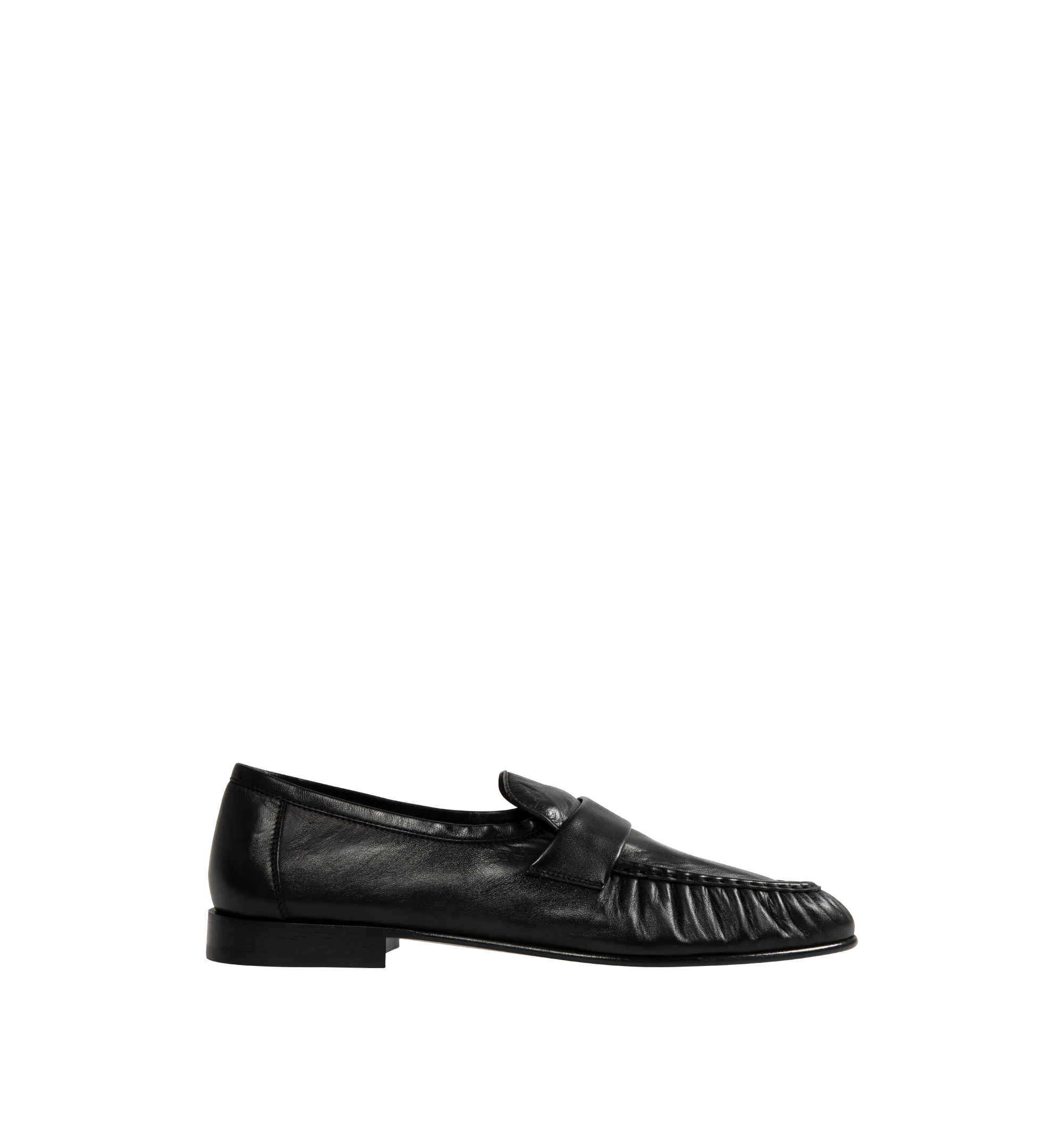 Image 1 of 4 - BLACK - THE ROW Soft Loafers featuring polished eel leather loafers, topstitching and gathering at moc toe, strap at vamp, logo stamp at footbed, suede lining, stacked leather block heel and hand-painted leather sole with rubber injections. Heel: H1". Leather. Made in Italy.