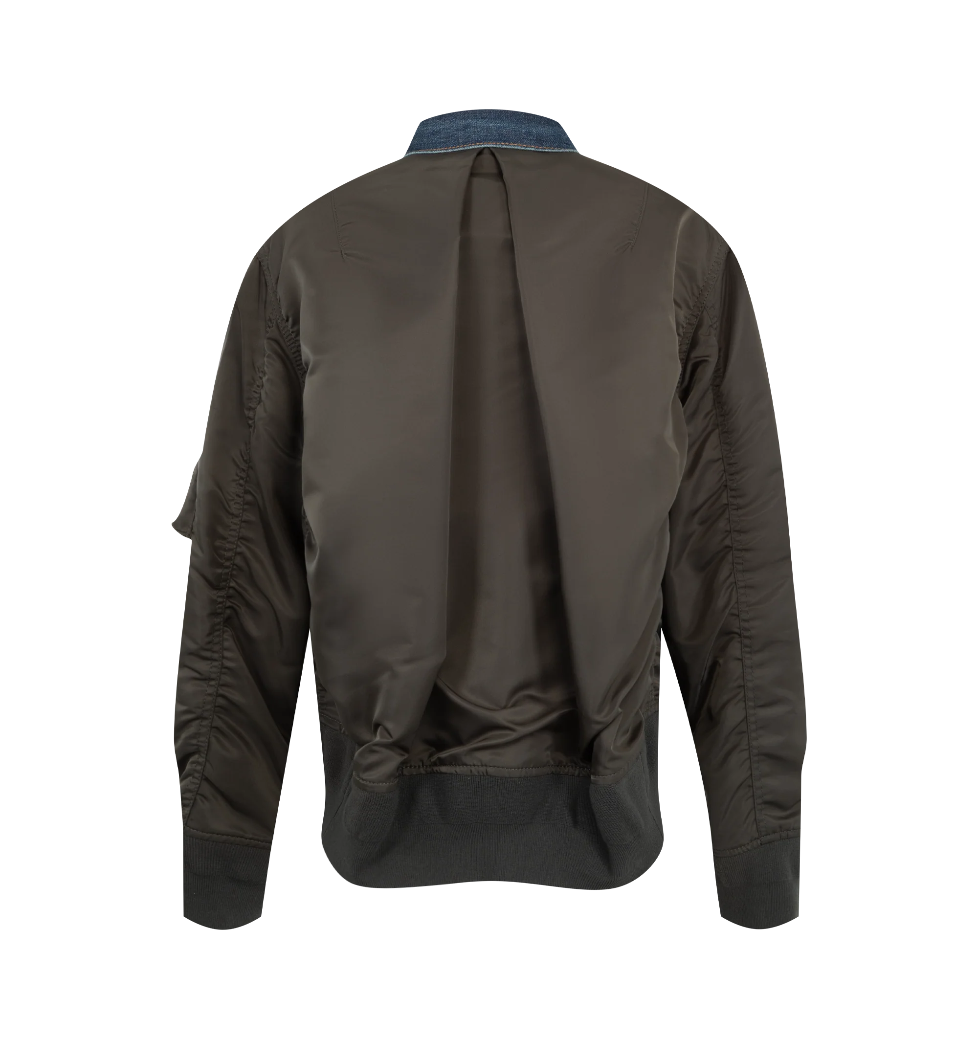 Image 2 of 4 - BLUE - Sacai denim bomber blouson with cotton denim front panel and contrast nylon twill sleeves. Features a classic collar, button-front closure, contrast stitching, patch pockets with flap and button, zip pocket on the sleeve, ribbed hem and cuffs, and back central crease. Outer is 100% cotton denim with 100% nylon sleeves and 100% polyester lining. Made in Japan.