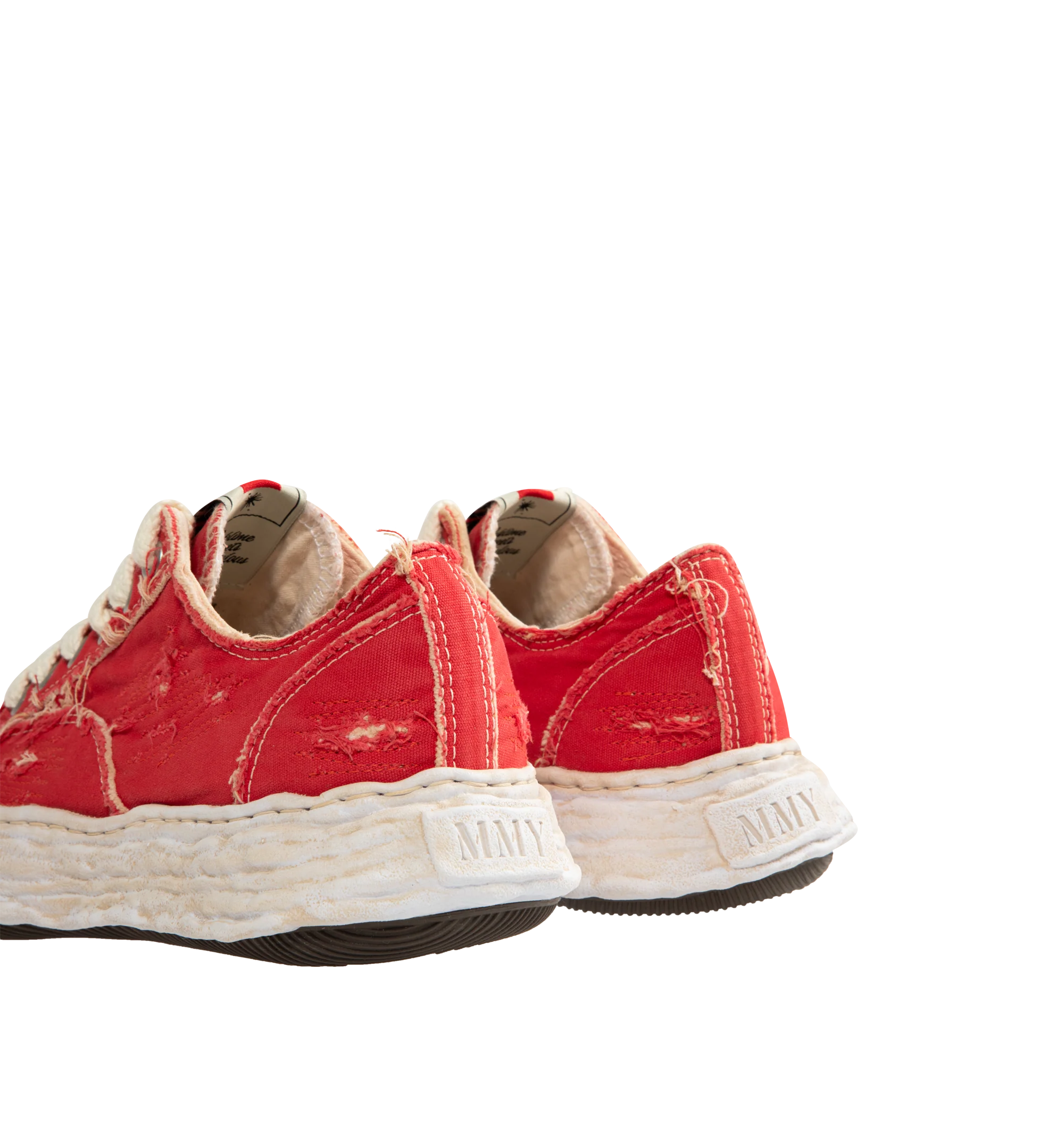 Image 3 of 5 - RED - Maison Mihara Yasuhiro Men's Peterson23 Sneakers feature the brand's signature hand-sculpted OG sole, a ripped overdye canvas upper, and a relaxed low-top silhouette for a bold contemporary look. Designed for the Spring/Summer 2026 collection, these designer sneakers combine Maison Mihara Yasuhiro's experimental aesthetic with a wider fit, layered overdye finish, distressed detailing, and a three-dimensional rubber toe cap that echoes the sculptural sole. Intentional fading and distress