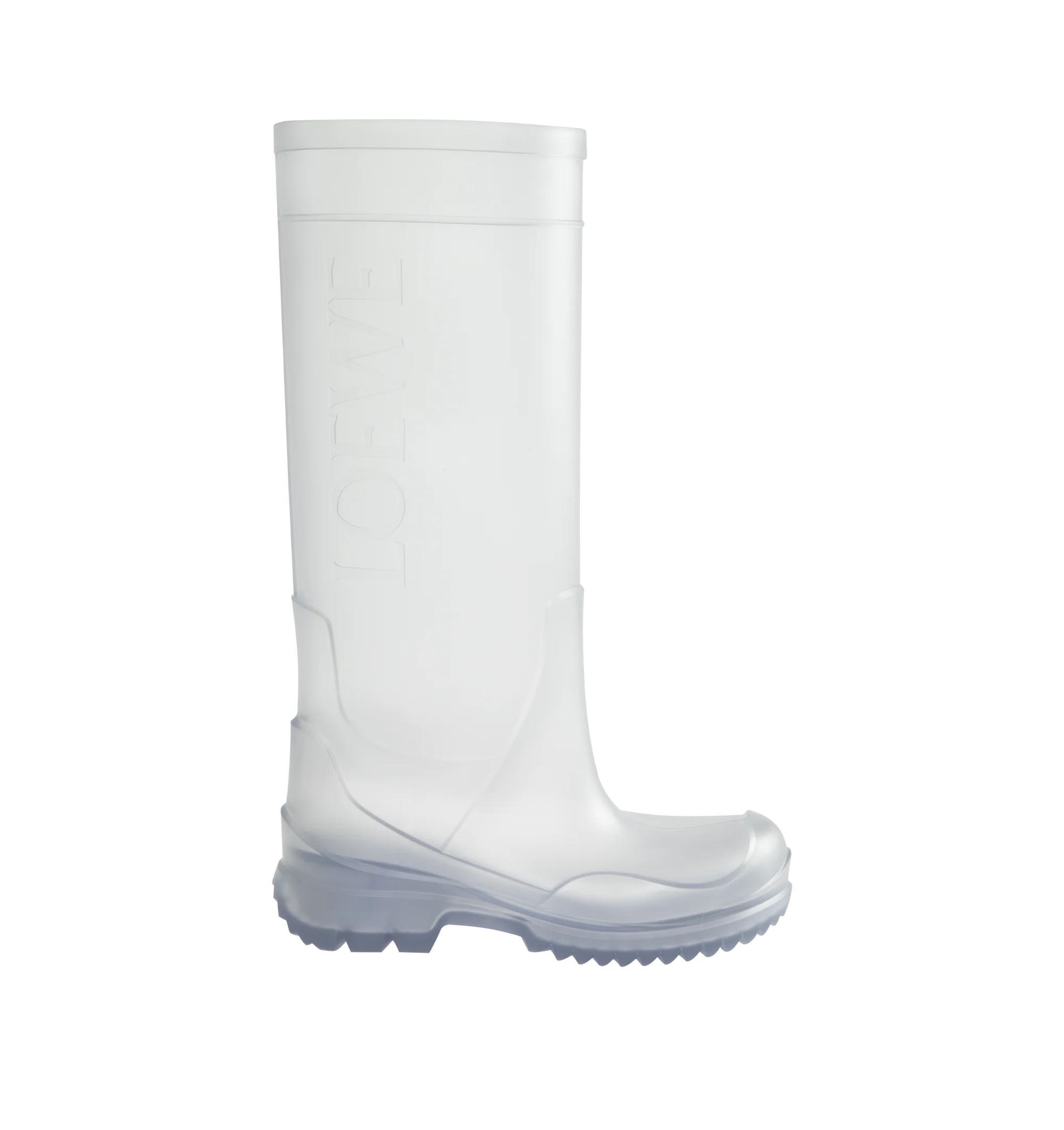 Image 1 of 4 - WHITE - Loewe Women's Storm Boot is crafted from molded transparent PVC and features an oversized Loewe logo at the shaft with a distinctive wavy-pattern rubber outsole. Designed in a sleek pull-on silhouette, the boot combines statement branding with durable all-weather construction. Main Material: PVC. Heel Height: 2 cm (20 mm). Made in Italy.