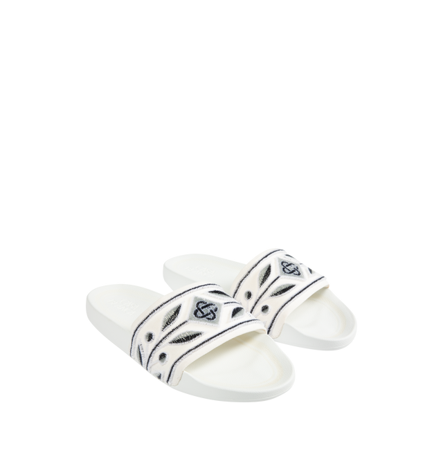 Image 2 of 4 - WHITE - CASABLANCA Laurel Terry Slides featuring embroidered terry fabric, diamond logo and signature Laurel artwork on its uppers, sculpted footbed and a textured rubberised sole. 100% polyester. Lining: 80% polyester 20% cotton. Made in Portugal.