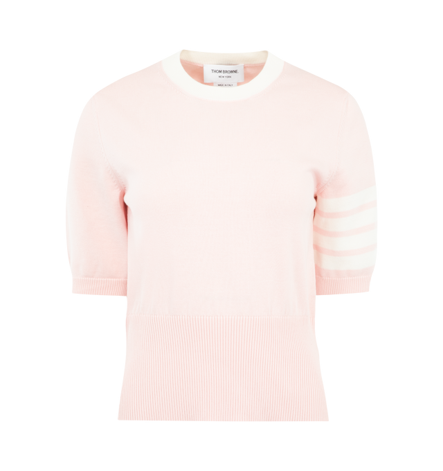 Image 1 of 2 - PINK - THOM BROWNE Jersey Hector Intarsia 4 Bar Tee featuring ribbed neckline, cuffs, and hem, Hector intarsia on back, contrast collar, 4-bar detailing and signature striped grosgrain loop tab. 100% cotton. Made in Italy.