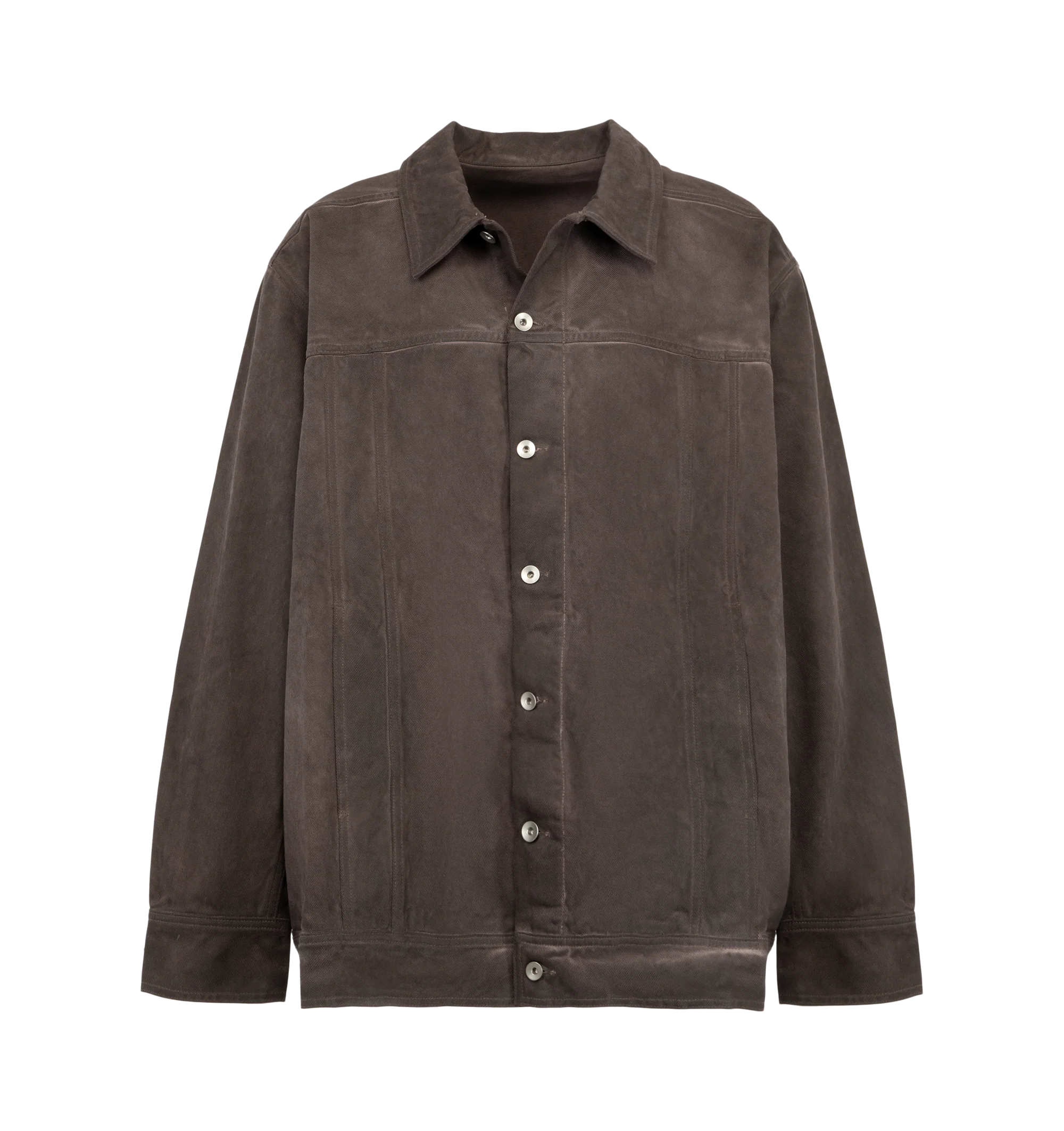 Image 1 of 2 - BROWN - Rick Owens DRKSHDW Men's Jumbo Worker Jacket is crafted from cotton denim and features an oversized workwear-inspired silhouette with a classic collar and button-front closure. Designed with long sleeves, buttoned cuffs, side pockets, and a straight hem that reinforces the labes utilitarian aesthetic. Main Material: 100% Cotton.