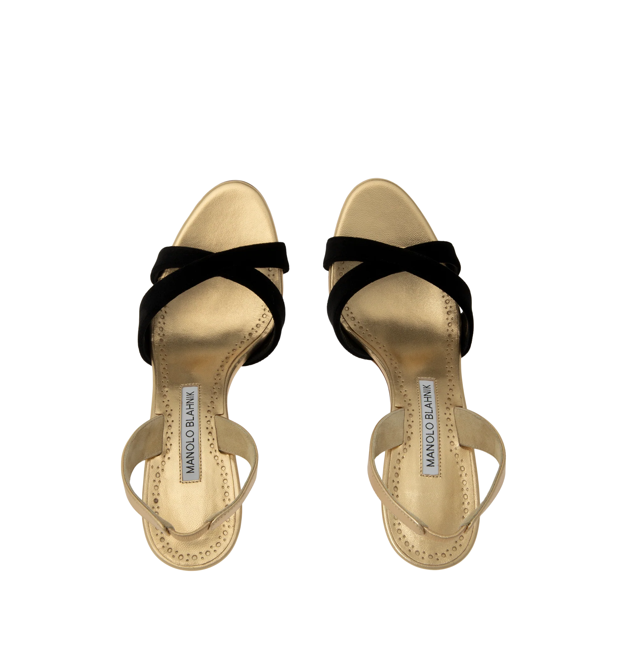 Image 4 of 4 - GOLD - Manolo Blahnik Womens Callasli 90 Slingback Sandals are crafted from nappa leather. Feature an open toe, crossover straps, slingback strap, stiletto heel, kid leather lining, and calf leather sole. Heel Height: 9 cm. Main Material: Nappa Leather; Lining: Kid Leather; Sole: Calf Leather. Made in Italy.