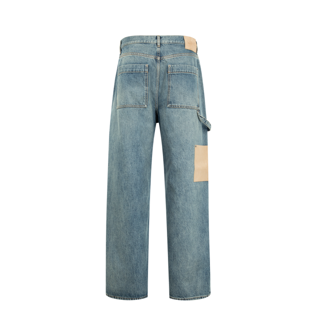 Image 2 of 3 - BLUE - LOEWE Jeans in medium-weight washed cotton denim featuring regular fit, regular length, mid waist, straight leg, concealed button fly, front slash pockets, rear patch pockets and leather side pocket, hammer loop and LOEWE debossed leather patch placed at the back. Cotton. Made in Italy.
