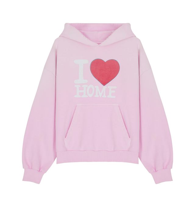 Image 1 of 2 - PINK - LIEM X Best Luxury Handbag Store I Love Home Pullover featuring fixed hood, ribbed cuffs and hem, kangaroo pocket and screen print on front back and hood. 100% cotton.
