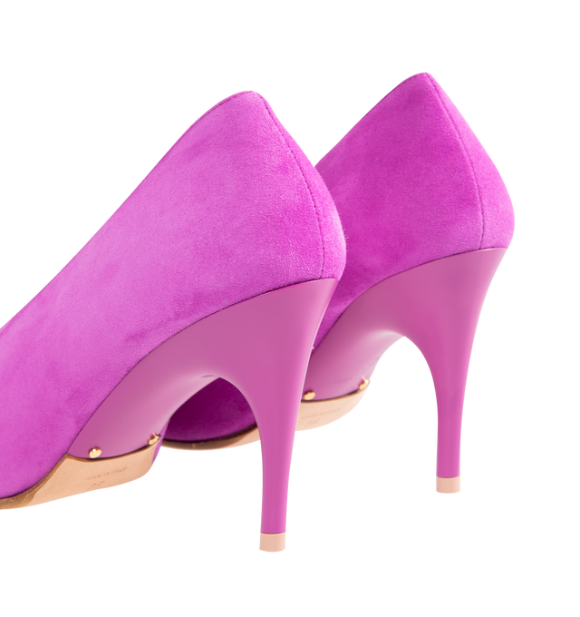 Image 3 of 4 - PURPLE - BALENCIAGA Duchesse Pump 90mm featuring suede goatskin, asymmetrical pointed toe, deep v neck vamp, 90mm arch, Balenciaga Paris logo on the insole, small gold perforations on the edges of the insole, two golden studs on the outsole, semi-glossy tone-on-tone heel and beige suede-like sole. Upper: goatskin. Sole: calfskin. Insole: sheepskin. Made in Italy.