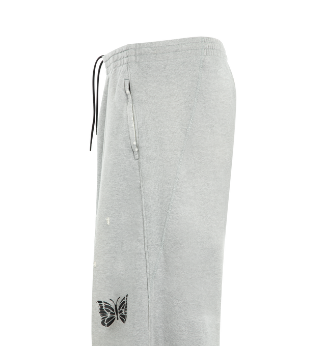 Image 3 of 3 - GREY - NEEDLES Deconstructed H.D. Sweat Pant featuring a rounded, wide profile with a relaxed feel, elastic waistband with concealed drawstring, zip side pockets and distressing throughout. 100% cotton. Made in Japan.