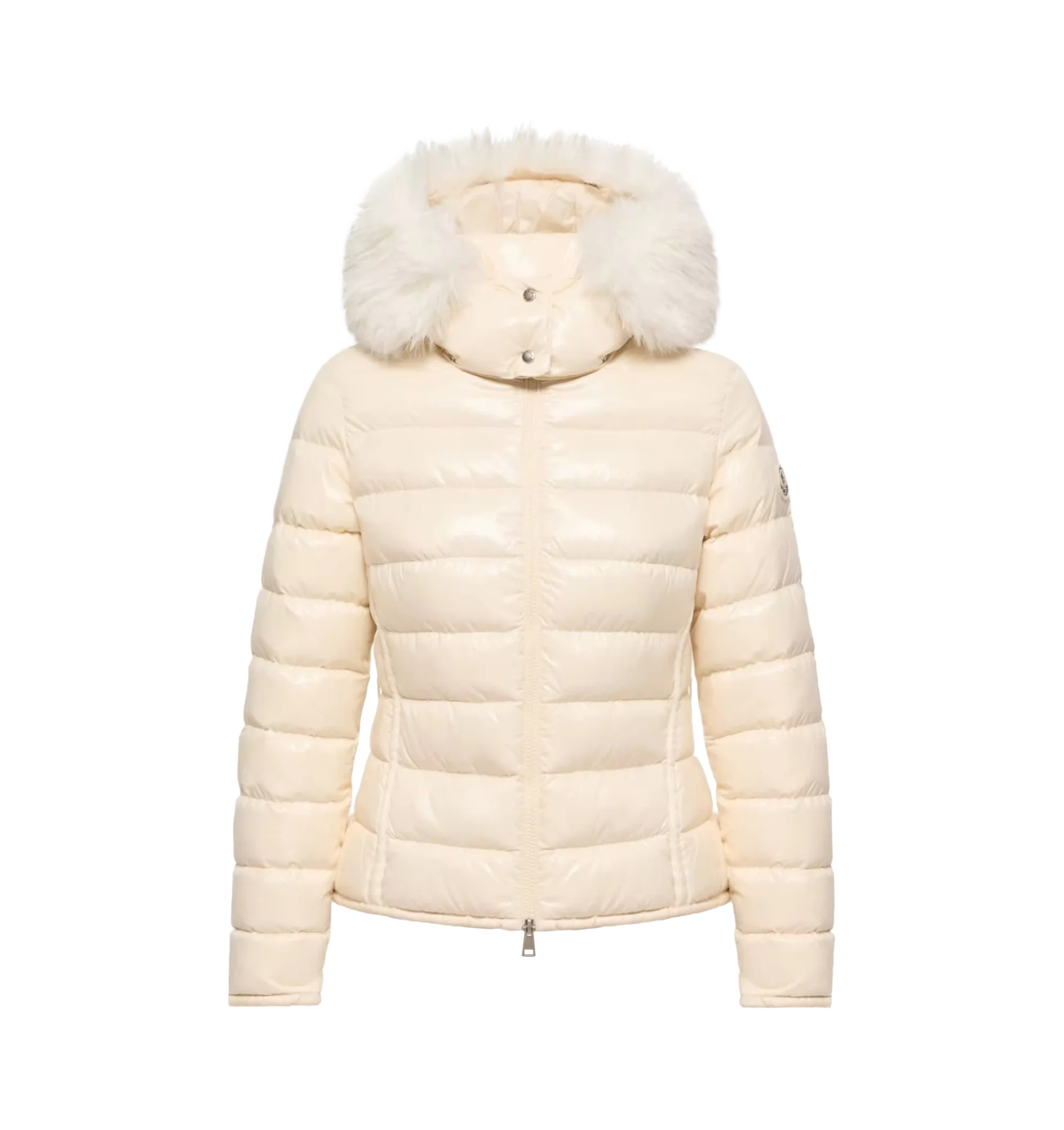Image 1 of 1 - NEUTRAL - Moncler Women's Badyeffe Hooded Short Down Jacket is crafted from glossy nylon laqu and features a slim-fit silhouette that reflects the houses signature clean, graphic aesthetic. This down-filled puffer is designed with a detachable hood and detachable faux fur trim, allowing for versatile styling across changing conditions. Finished with a front zip closure, zipped pockets, adjustable elasticized cuffs with snap-button closures, and a signature logo patch at the sleeve, the jacket