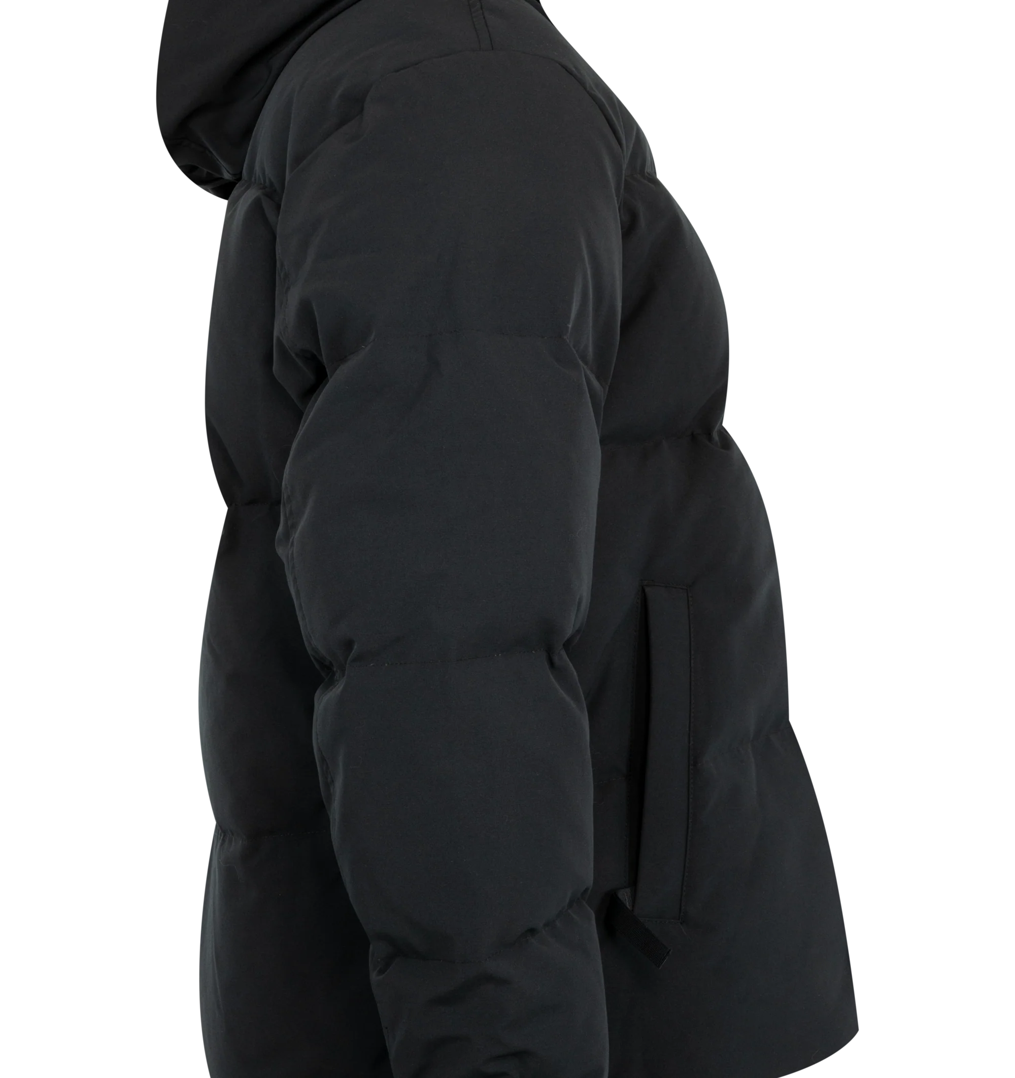 Image 4 of 4 - BLACK - Canada Goose Men's Seymour Parka is crafted from Recycled Organic Arctic Tech and features a quilt-through construction designed for protection in extreme cold-weather conditions. The parka is equipped with an adjustable snorkel hood, a tricot-lined chin guard, and a concealed snap placket over a front zip closure for enhanced coverage. Functional details include interior backpack straps for hands-free carrying, recessed rib-knit cuffs reinforced with CORDURA, two exterior zip pockets 