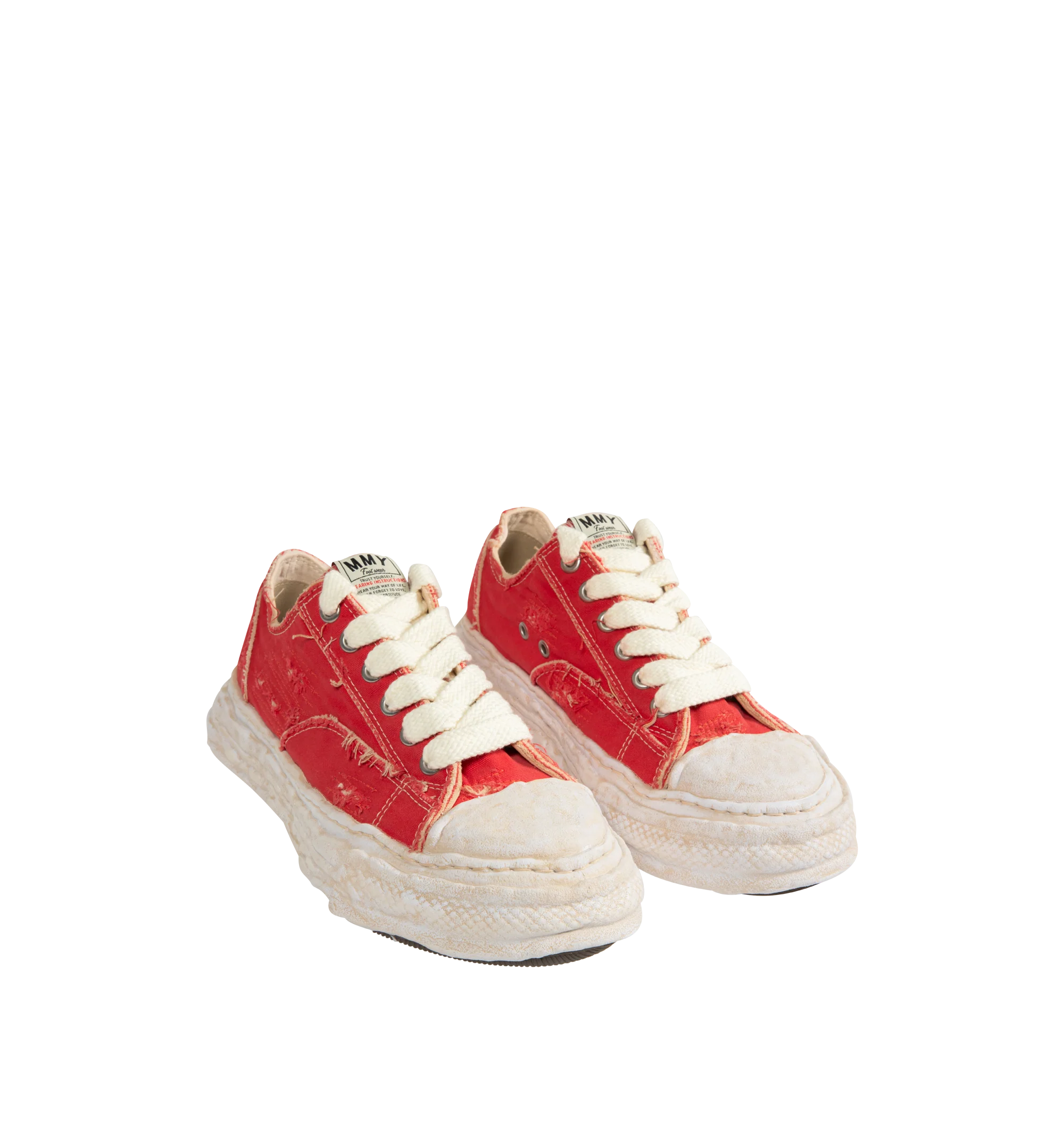 Image 2 of 5 - RED - Maison Mihara Yasuhiro Men's Peterson23 Sneakers feature the brand's signature hand-sculpted OG sole, a ripped overdye canvas upper, and a relaxed low-top silhouette for a bold contemporary look. Designed for the Spring/Summer 2026 collection, these designer sneakers combine Maison Mihara Yasuhiro's experimental aesthetic with a wider fit, layered overdye finish, distressed detailing, and a three-dimensional rubber toe cap that echoes the sculptural sole. Intentional fading and distress 