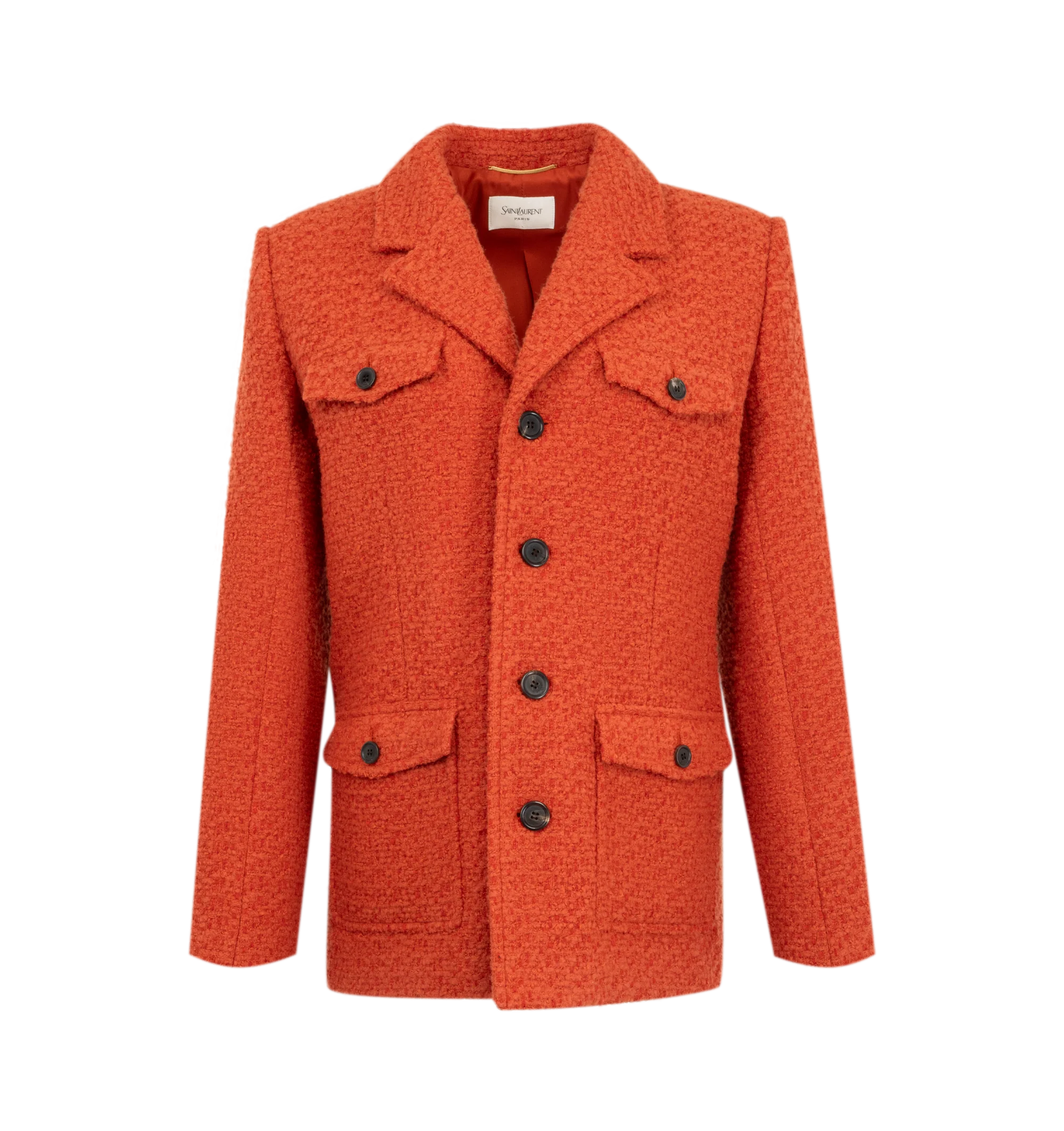 Image 1 of 2 - ORANGE - Saint Laurent Womens Single-Breasted Jacket is crafted from a certified wool blend. Features a single-breasted four-button closure, notched lapels, padded shoulders, four-button cuffs, two buttoned flap chest pockets, two front patch pockets with button flaps, and silk lining. Main Material: Wool, Polyamide; Lining: Silk. Made in Italy.