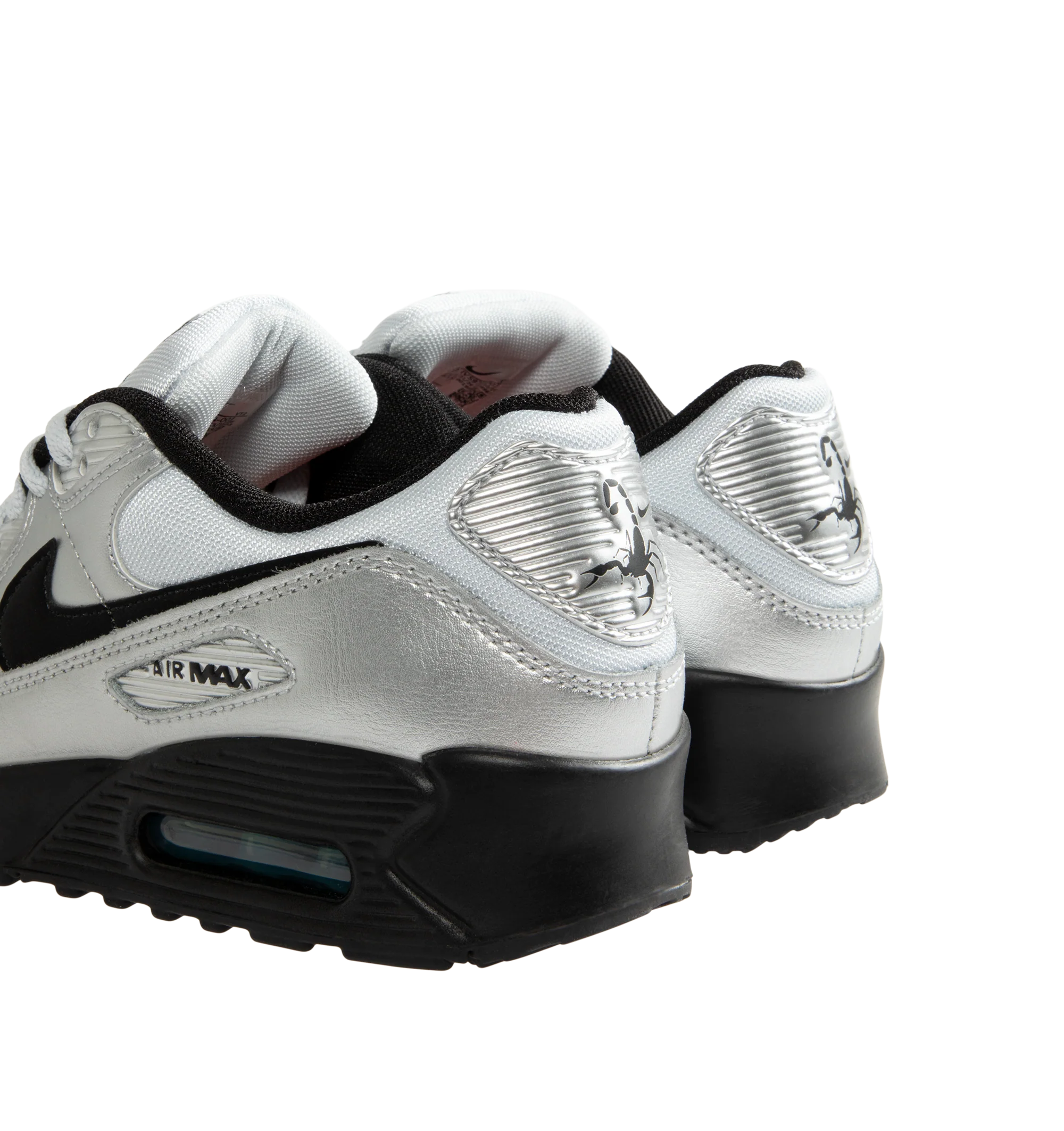 Image 3 of 5 - SILVER - Nike Air Max 90 Premium "Scorpion" Sneakers feature a genuine and synthetic leather upper with layered synthetic overlays, signature Scorpion graphics, and a classic low-top silhouette. Inspired by Nike's Scorpion Pack, these lifestyle sneakers combine visible Max Air cushioning with a durable rubber Waffle outsole for lightweight comfort, reliable traction, and iconic '90s style. Main Material: Genuine Leather, Synthetic Leather, and Synthetic. Midsole: Foam with Visible Max Air U