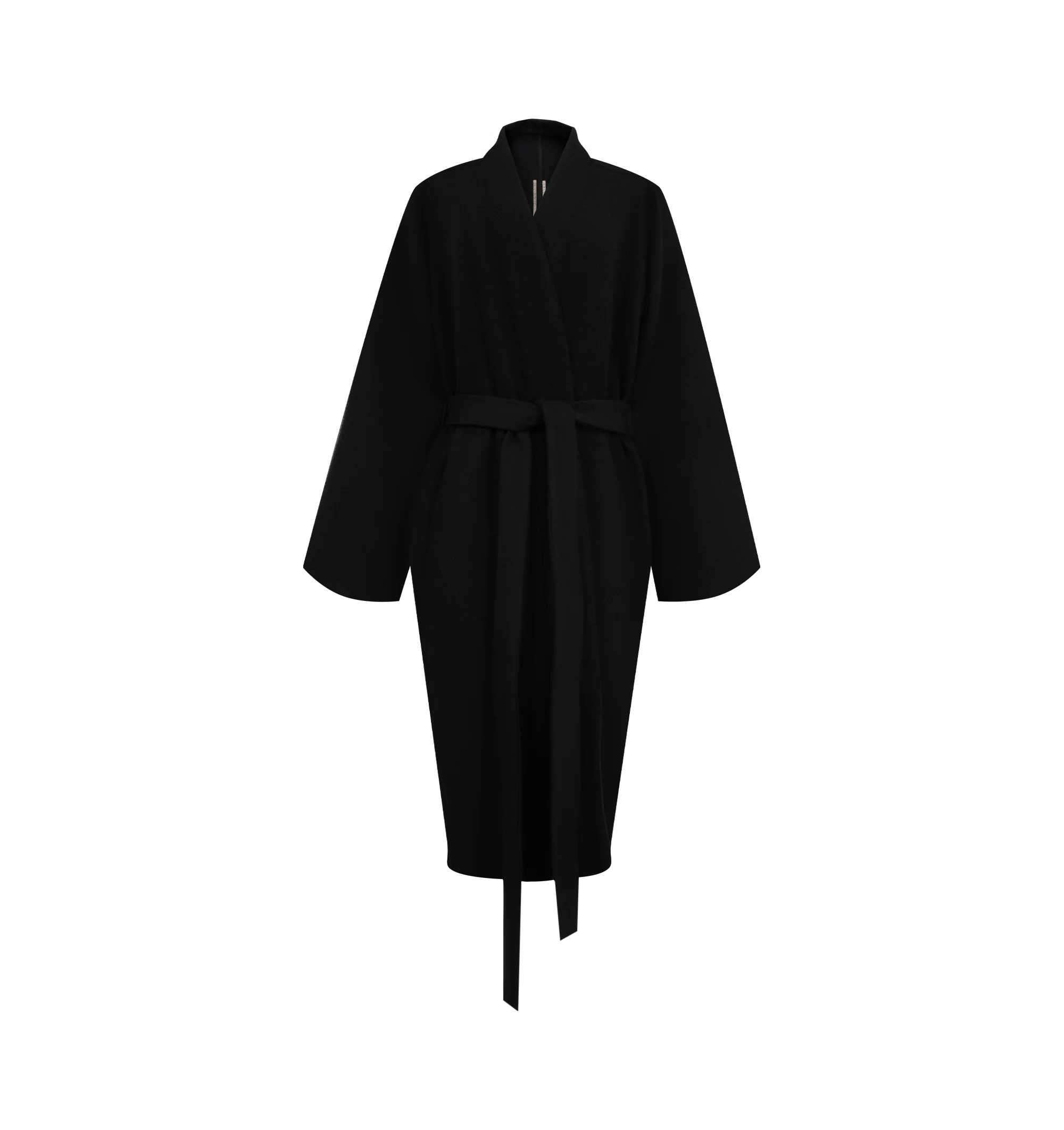 Image 1 of 4 - BLACK - Rick Owens Women's Dagger Robe is crafted from virgin wool and features a relaxed, draped silhouette with a deep cowl neckline. Designed with wide bell sleeves, a self-tie waist belt, two front pockets, and a midi-length hem for an elegant, fluid shape. Main Material: 100% Virgin Wool.