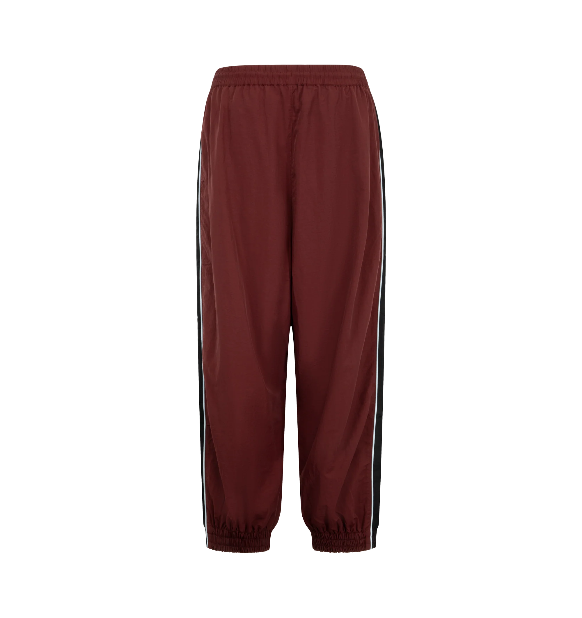 Image 2 of 3 - RED - Willy Chavarria Bad Boy Track Pant is crafted from lightweight nylon and features a relaxed athletic silhouette with an elasticated waistband and cuffs. Designed with a concealed drawstring waist, two seam pockets, embroidered logo detailing, and contrast piping along the outseams, the pant delivers the brand's bold sportswear-inspired aesthetic. Main Material: 100% Nylon.
