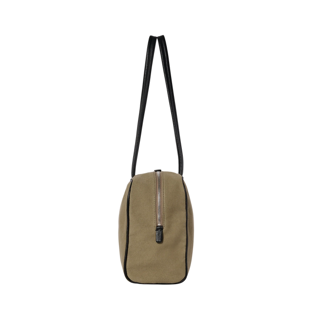 Image 3 of 3 - GREEN - THE ROW Astra Bowling Canvas Bag featuring rectangular bowling bag in structured cotton canvas with elongated flat leather handles, leather piping, and dual zipper closure. 12 x 7 x 4 in. 90% cotton, 10% lambskin leather. Lined in 100% cotton. Made in Italy.
