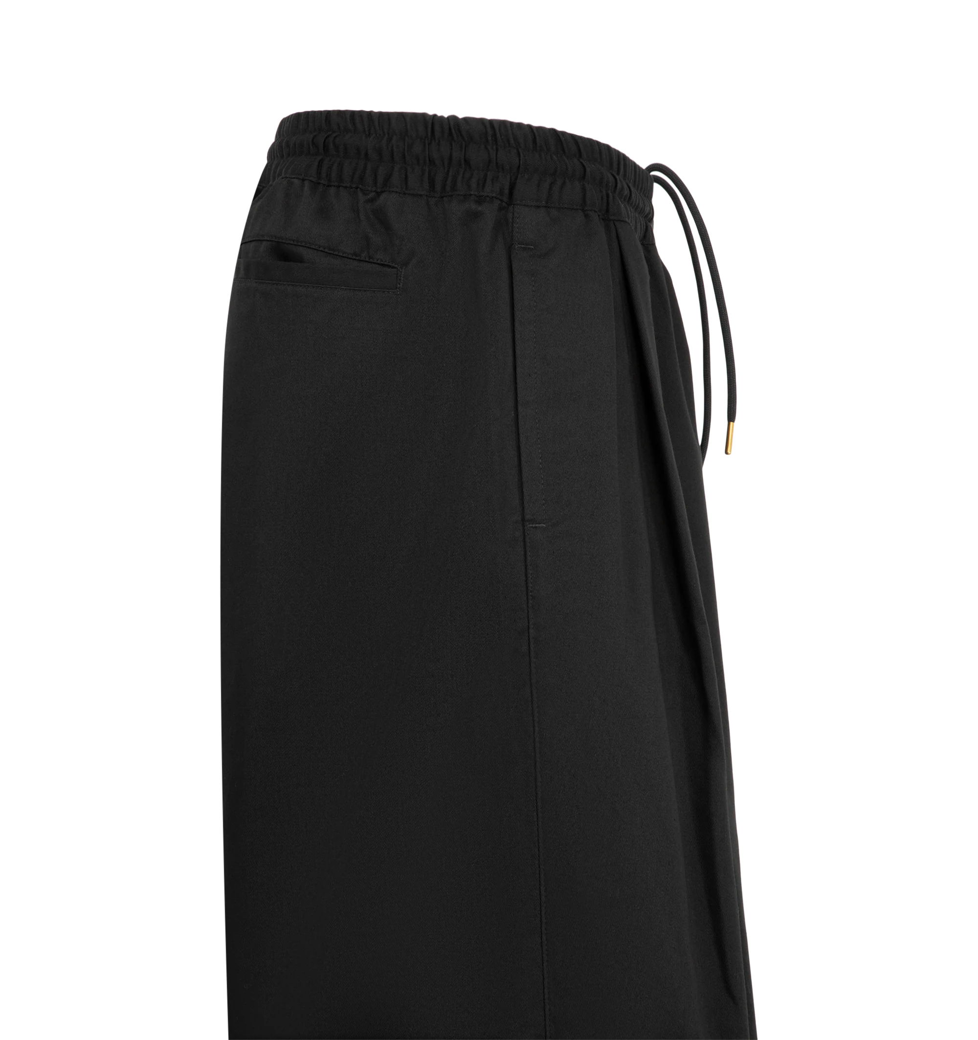 Image 3 of 3 - BLACK - Willy Chavarria Orale Elasticated Short is crafted from a polyester-cotton blend and features a relaxed, voluminous silhouette with an elasticated waistband for everyday comfort. Designed with the brand's signature oversized proportions and clean utility-inspired styling. Main Material: 65% Polyester, 35% Cotton. Lining: 100% Cotton. Made in USA. 