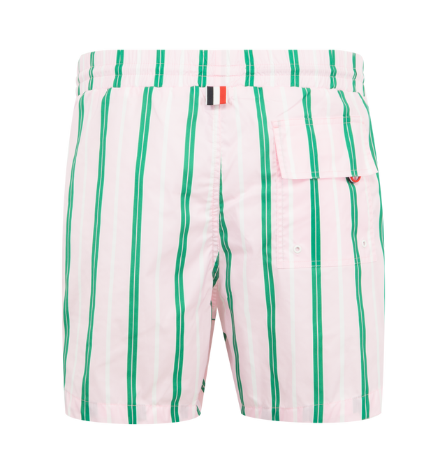 Image 2 of 3 - PINK - THOM BROWNE Repp Stripe Swim Short featuring drawstring waistband, back flap pocket, name tag applique and signature striped grosgrain loop tab. 100% polyester. Made in Italy.