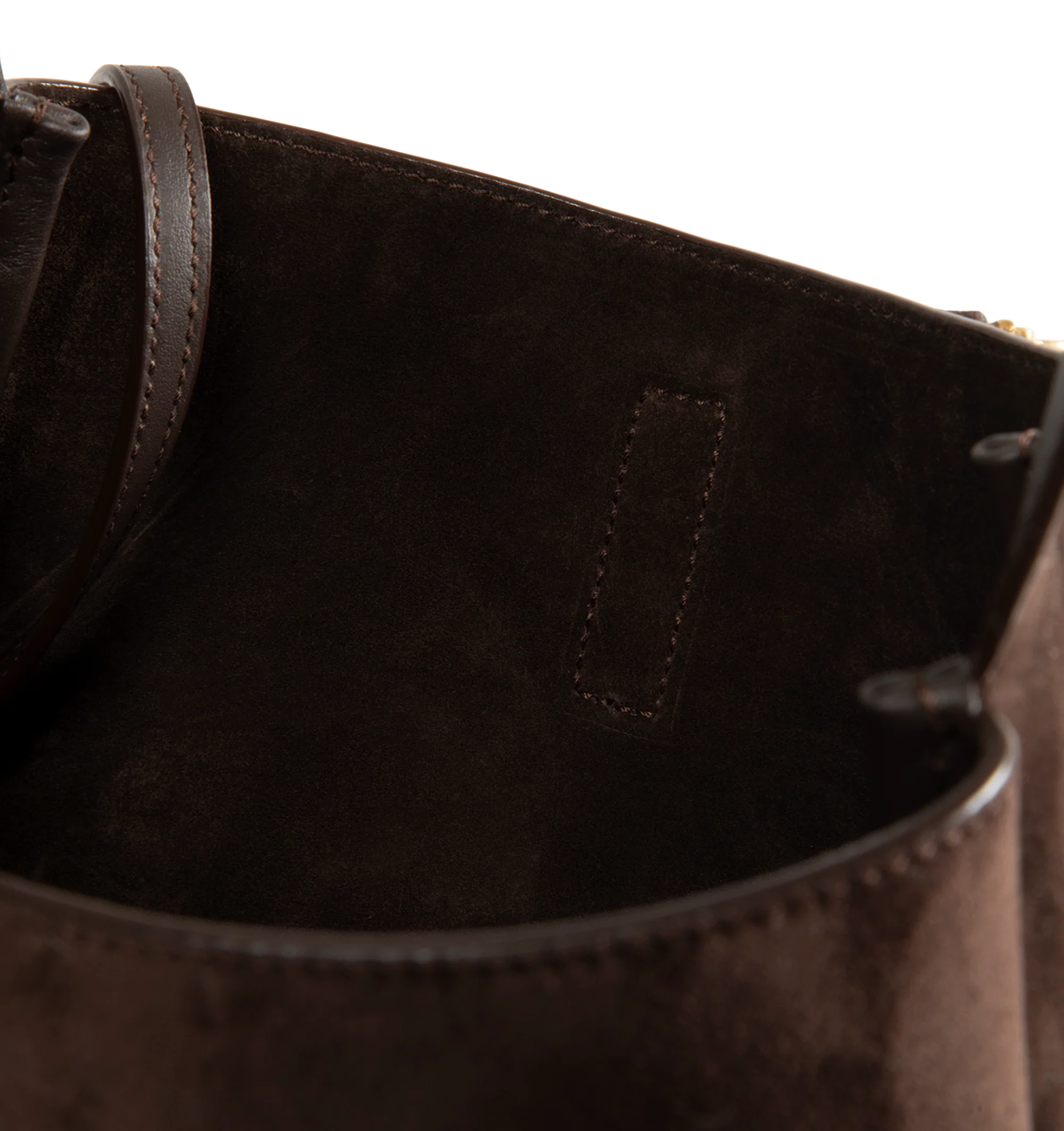 Image 5 of 5 - BROWN - Saint Laurent Women's Le 5 7 Supple Crossbody Bag is crafted from calfskin suede with a tonal suede lining. The spacious silhouette features bronze-tone hardware, a Cassandre hook closure, a removable zip pouch, and an adjustable strap for crossbody carry. Fits a large phone, wallet, sunglasses, and keys. Main Material: Calfskin Leather. Hardware: Brass. Dimensions: 22.5 x 23 x 8.5 cm / 8.9 x 9.1 x 3.3 in. Strap Drop: 50 cm / 19.7 in. Made in Italy.
