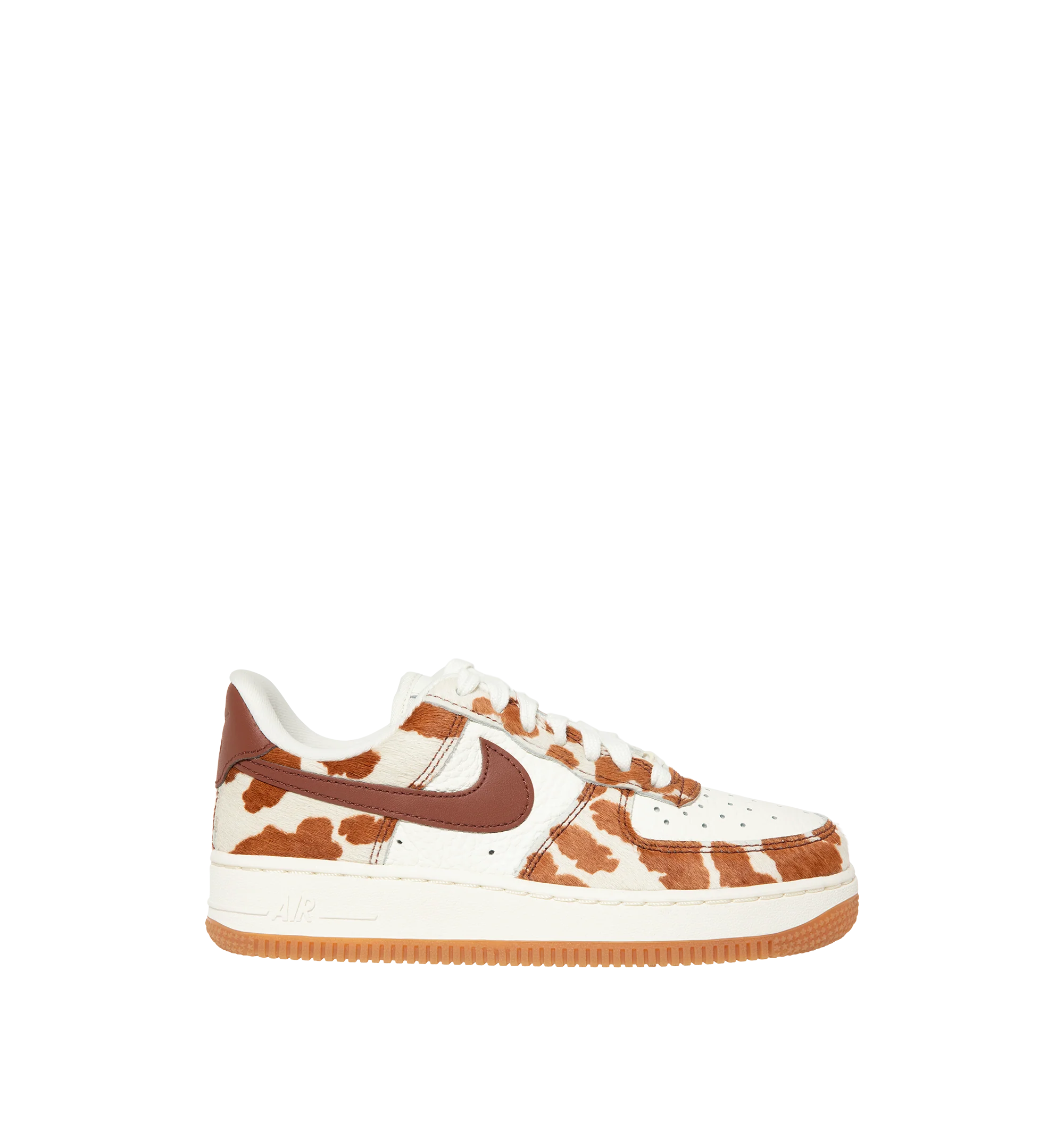 Image 1 of 5 - BROWN - Nike Womens Air Force 1 Sneakers are crafted from pony hair leather with smooth leather overlays. Feature a low-top silhouette, Nike Air cushioning, padded collar, stitched overlays, and a durable rubber cupsole. Main Material: Pony Hair Leather, Leather; Outsole: Rubber. Imported.