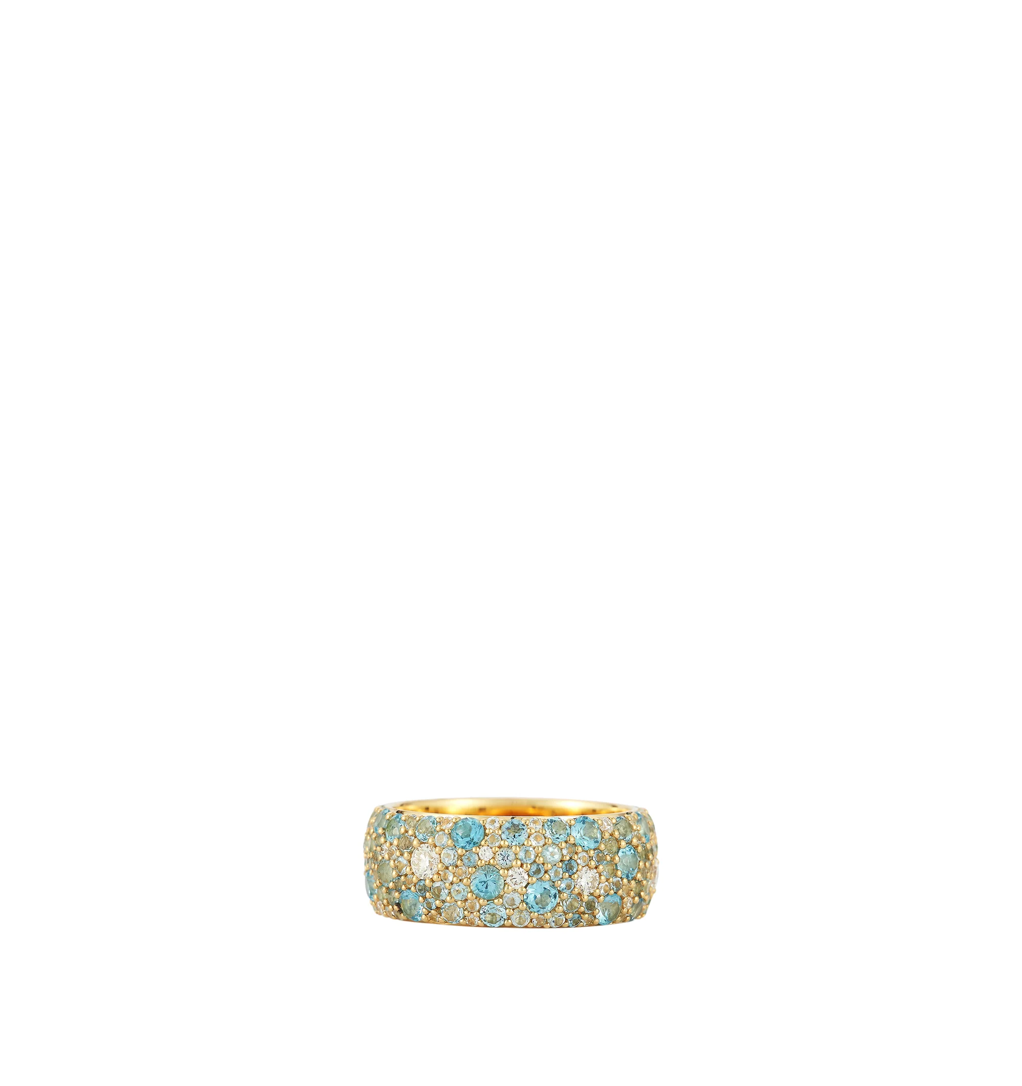 Image 1 of 2 - GOLD - Renna Women's Wide Tidepool Band is crafted in 18K yellow gold and features varying sizes of aquamarine, Swiss blue topaz, and brilliant diamonds arranged in a cobblestone-inspired design that reflects the natural beauty of smooth stones found in a tidepool. This designer fine jewelry ring combines exceptional craftsmanship with vibrant color and timeless elegance, creating a bold statement piece for everyday wear or special occasions. Main Material: 18K Yellow Gold. Gemstones: Approxi