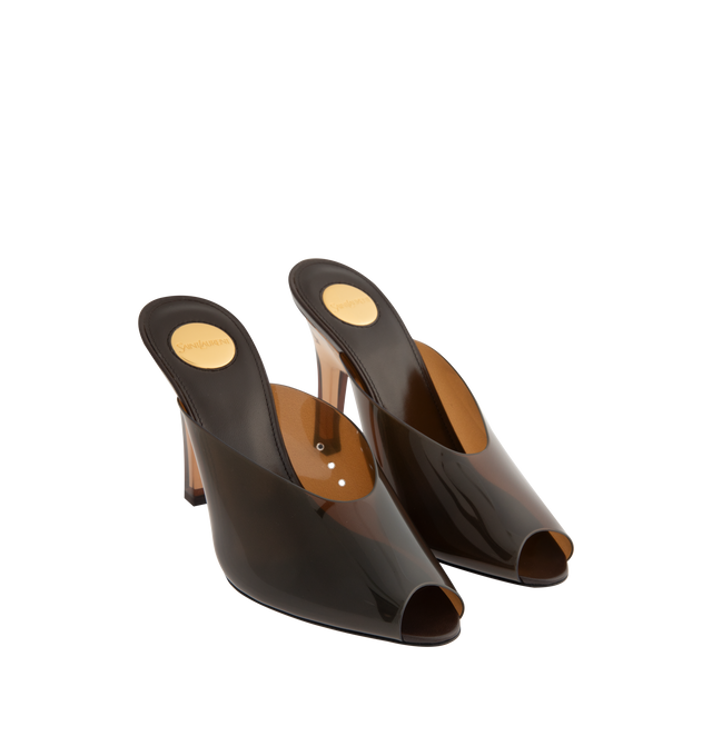 Image 2 of 4 - BROWN - SAINT LAURENT Sabrina Mules in TPU featuring translucent peep-toe mules with an almond toe, a plexiglas heel with embedded bronze-tone logo and leather sole. 3.3 inch heel. Polyurethane. Made in Italy.
