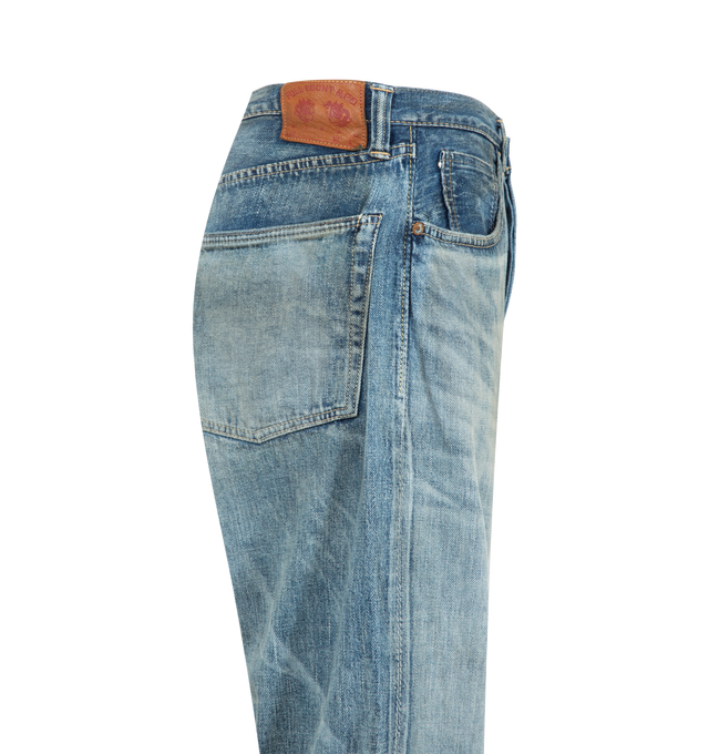 Image 3 of 3 - BLUE - FULLCOUNT WWII Model 11.5oz Denim Pants HW Master Of Reality featuring button closure, belt loops at waist, 5 pocket style and fading throughout. 100% cotton. Made in Japan.