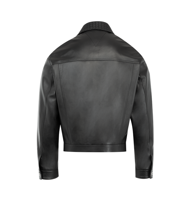 Image 2 of 3 - BLACK - BOTTEGA VENETA Leather Jacket featuring soft lambskin leather jacket, intrecciato leather collar, intrecciato leather detail inside the cuffs, fully lined and regular fit. Lambskin. Made in Italy.