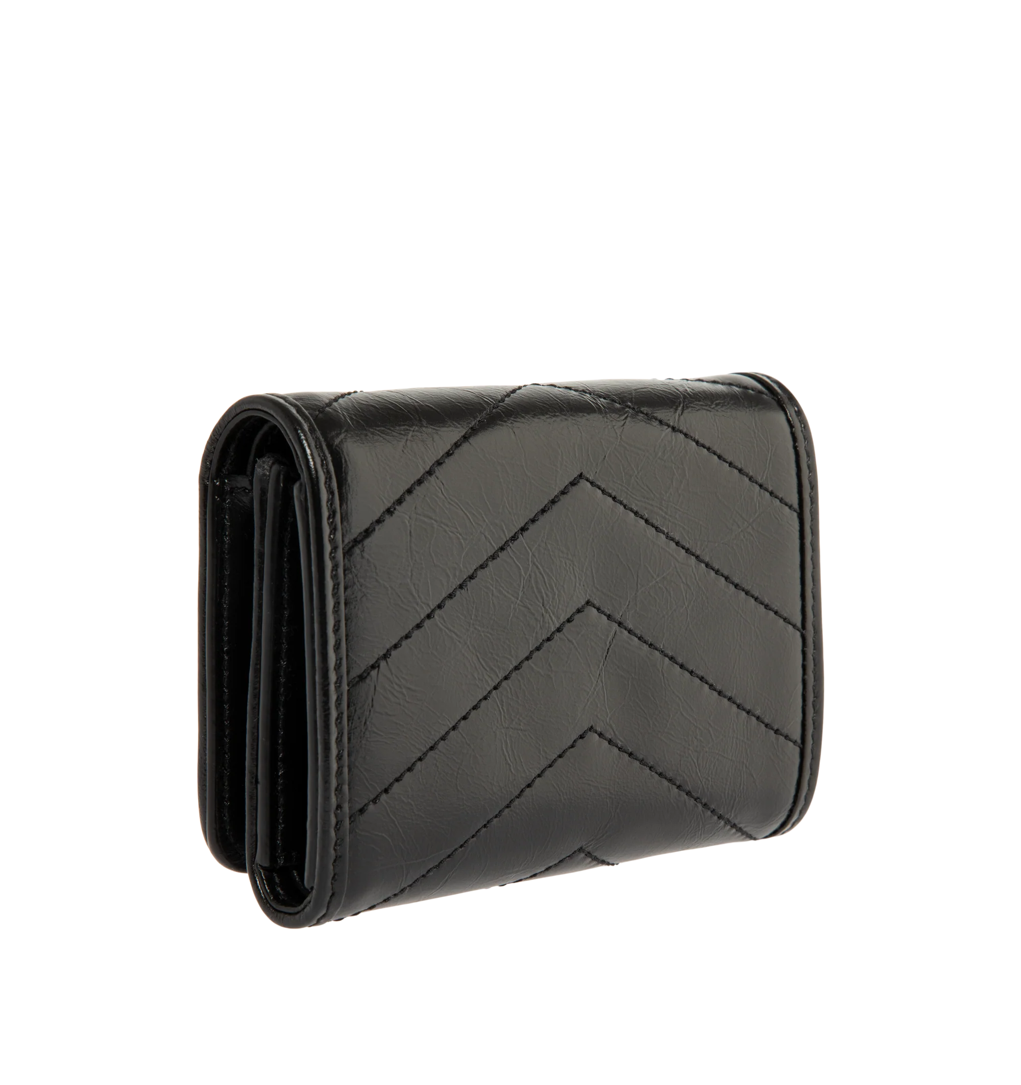 Image 2 of 3 - BLACK - Saint Laurent Womens Tri-Fold Wallet is crafted from calfskin leather. Features signature CASSANDRE hardware, quilted topstitching, snap-button closure, six card slots, one bill compartment, one zip coin pocket, and bronze-tone hardware. Dimensions: 12  11.5  2.5 cm. Main Material: Calfskin Leather; Hardware: Brass. Made in Italy. 