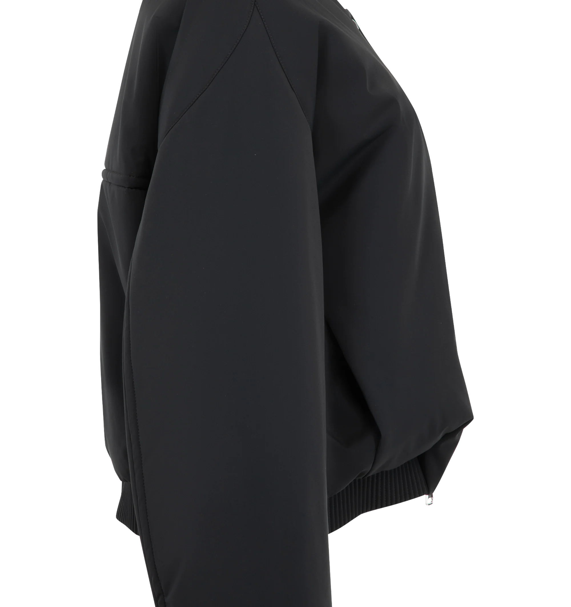 Image 3 of 4 - BLACK - Khaite Womens Cropped Bomber Jacket is crafted from double-face technical nylon. Features a cropped silhouette, front zip closure, rounded shape, signature armhole seaming, topstitched detailing, elasticized cuffs and hem, and in-seam side pockets. Main Material: 57% Nylon, 27% Polyurethane, 16% Elastane. Made in Italy.