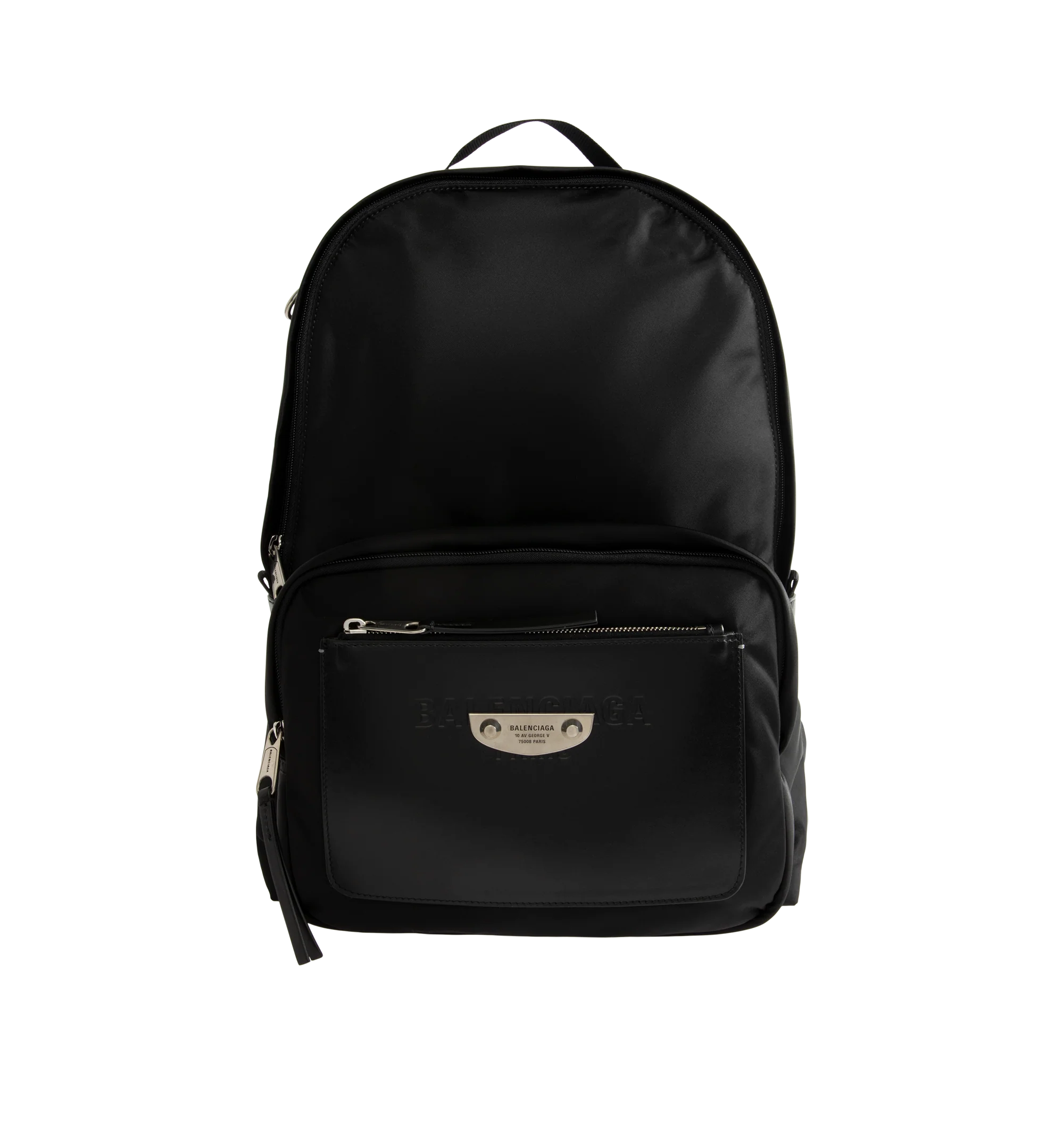 Image 1 of 3 - BLACK - Balenciaga Sleek Mens Nylon Backpack is crafted from black recycled nylon with smooth leather trim and features a zip-around closure and adjustable padded shoulder straps with metal hardware. A circular top handle, front logo print, metal logo plaque, interior pocket, and front compartment with two zippers complete the design. Fits a tablet, notebook, wallet, phone, keys, and small water bottle. Main Material: 100% Recycled Nylon. Leather Detail: Smooth Leather. Dimensions: 30 x 14 x