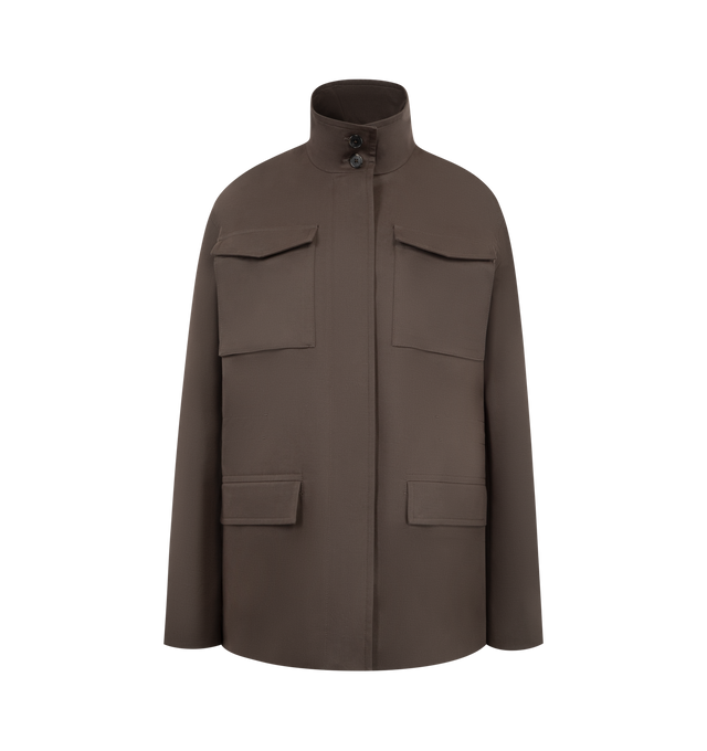 Image 1 of 3 - BROWN - THE ROW Floriane Jacket featuring a high neck, large flap pockets and flap chest pockets, drawstring waist and concealed zipped front. 94% cotton, 4% cashmere, 2% elastane. Made in Italy.
