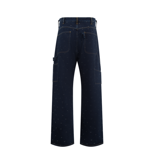 Image 2 of 3 - BLUE - NEEDLES Painter Pant featuring 13oz denim jacquard, button closure with zip fly, slash pockets on side, patch pockets on back, patch pocket on right and hammer lock on left, belt loops, all-over artwork and relaxed fit. 100% cotton.