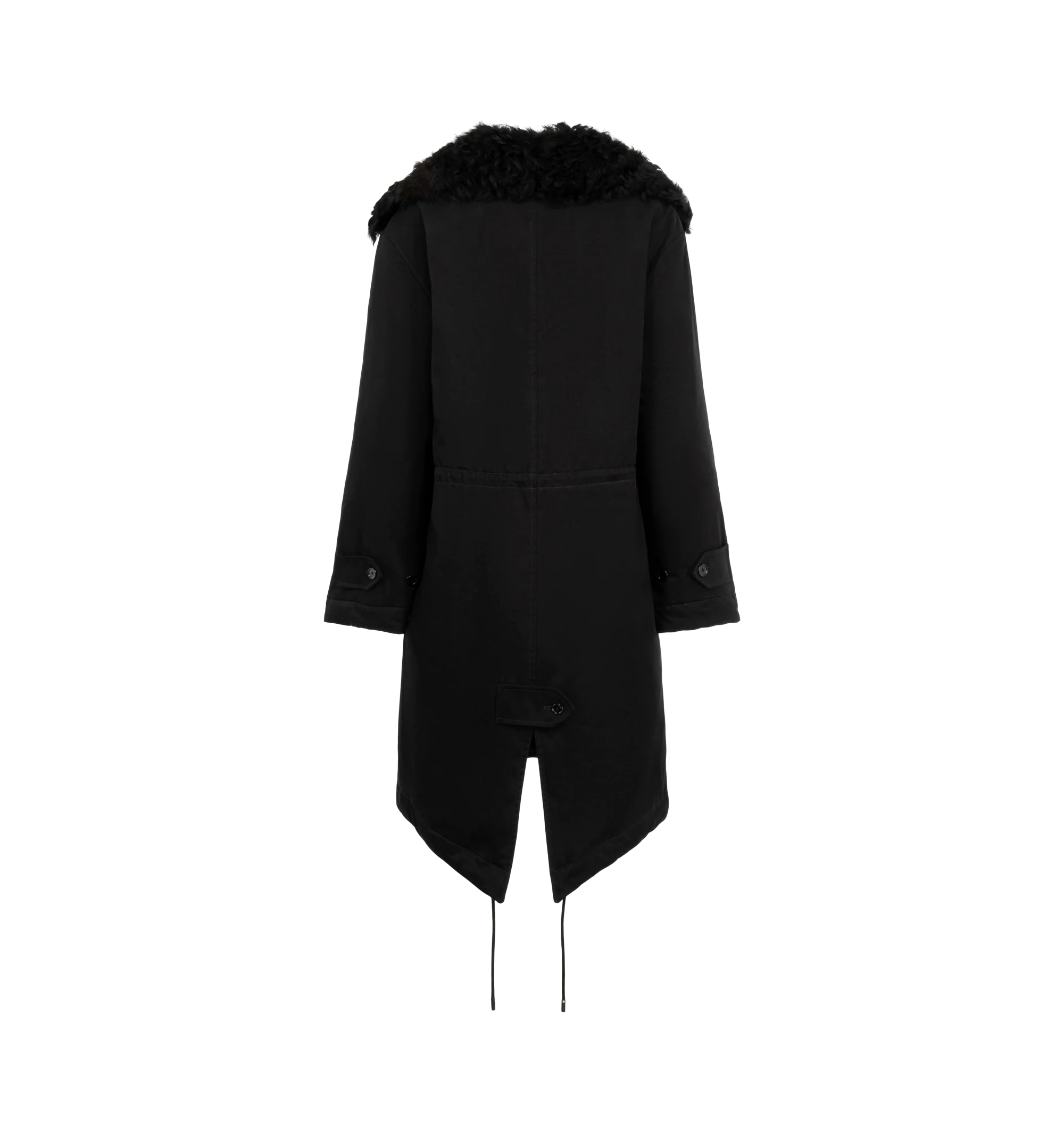 Image 2 of 3 - BLACK - Toteme Women's Shearling Cotton Parka that reimagines a heritage winter silhouette with a curly black shearling lining for exceptional warmth. Crafted from cotton with quilted sleeves, it features adjustable drawstrings at the waist and hem for a customizable fit, plus four pockets for practicality. Materials: 100% organic cotton; lining: 100% lamb leather; sleeve lining: 100% viscose.