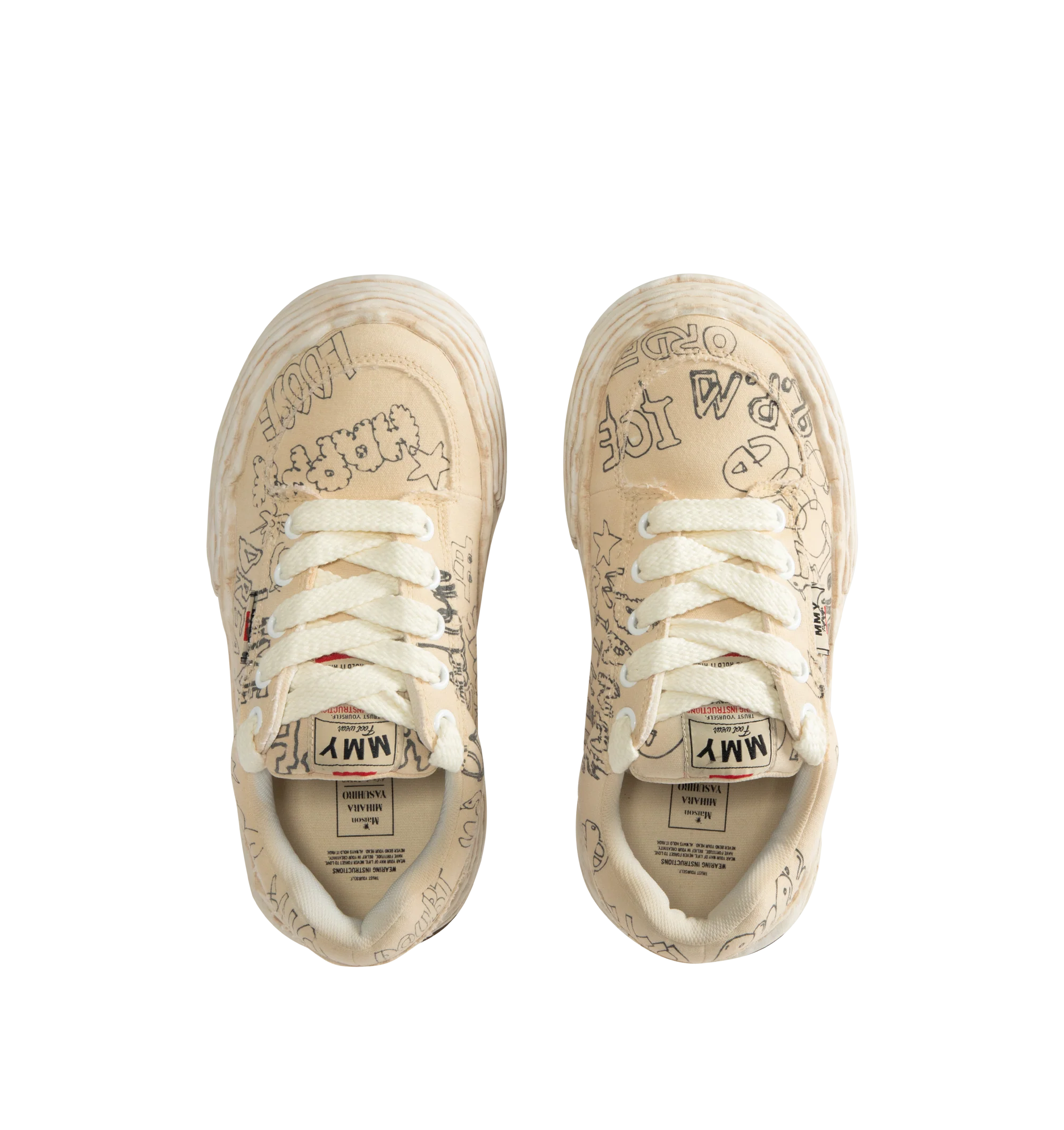 Image 5 of 5 - WHITE - Maison Mihara Yasuhiro Men's Oliver Sneakers feature the brand's signature hand-sculpted OG sole, a graffiti-printed canvas upper, and a bold low-top silhouette for a contemporary statement look. Designed for the Spring/Summer 2026 collection, these designer sneakers combine classic sneaker styling with Maison Mihara Yasuhiro's experimental oversized sole, while vibrant graffiti artwork and intentional vintage detailing create a distinctive, artistic aesthetic. Main Material: 100% Cot