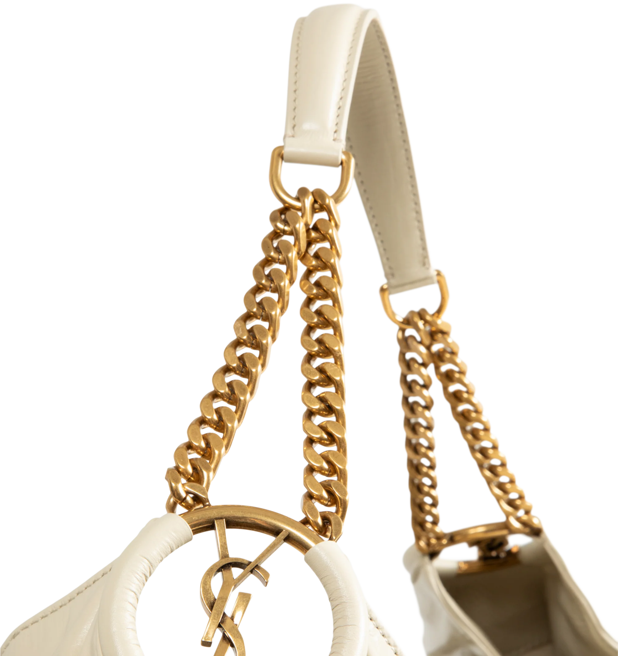 Image 4 of 4 - NEUTRAL - Saint Laurent Womens Hobo Bag is crafted from lustrous calfskin leather. Features a slouchy silhouette, signature Cassandre ring detail, shoulder strap, magnetic closure, removable zip pouch, suede lining, and bronze-tone hardware. Main Material: Calfskin Leather; Lining: Suede; Hardware: Brass. Made in Italy.