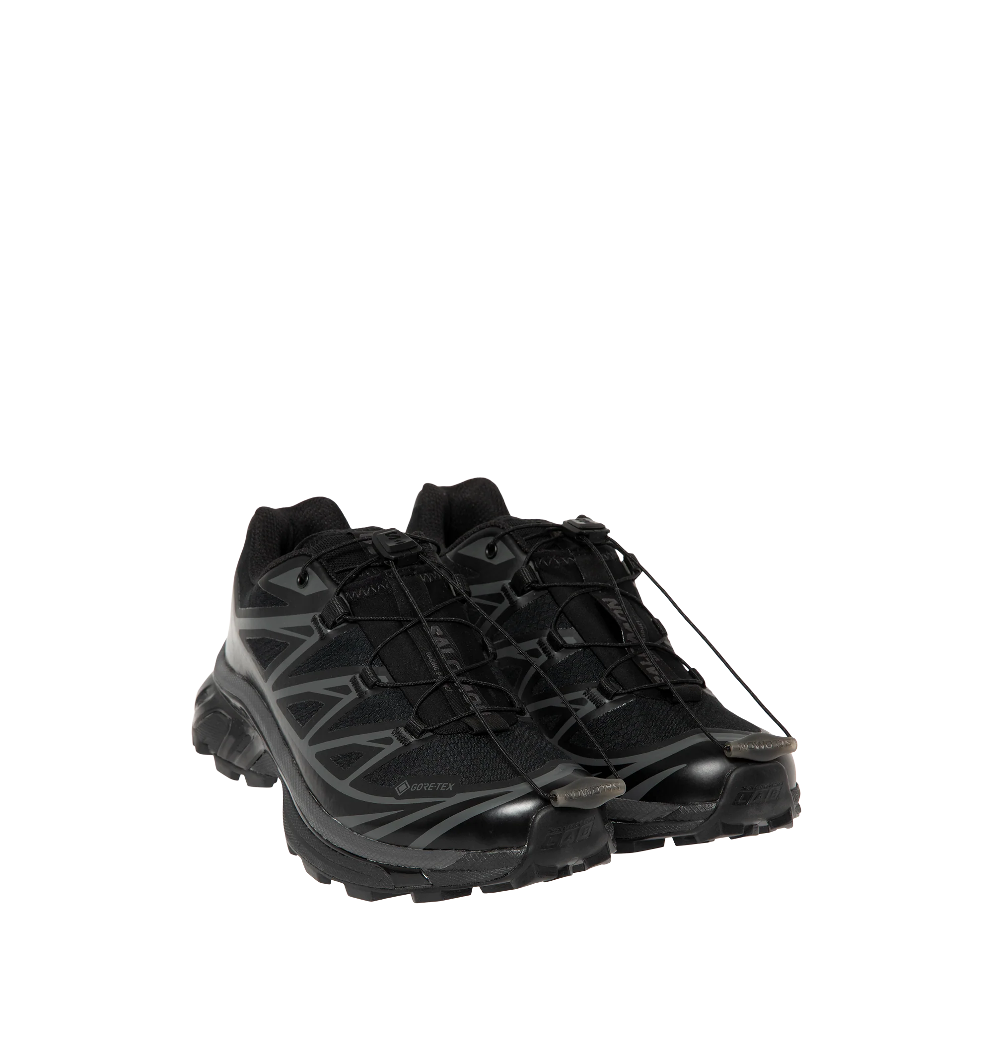 Image 2 of 5 - BLACK - Salomon Men's XT-6 GORE-TEX Sneakers are crafted with a lightweight textile upper and feature waterproof GORE-TEX protection, the brand's Agile Chassis System, and Quicklace technology for a secure, precise fit. Originally developed for ultra-distance trail running, these designer sneakers combine superior cushioning, stability, and all-terrain grip with Salomon's signature technical aesthetic, making them ideal for both outdoor performance and everyday wear. Main Material: Textile an