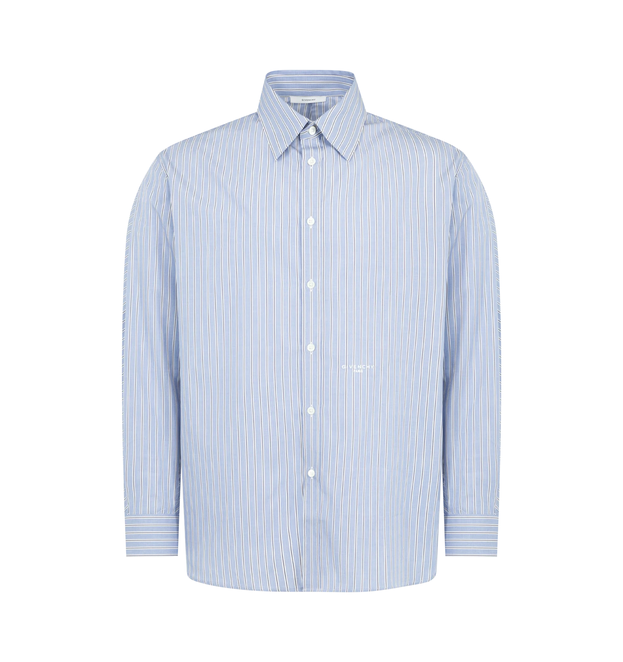 Image 1 of 2 - NAVY - GIVENCHY Couture Seam Overshirt featuring long-sleeves, classic collar, button closure, stripes throughout and couture seams for a rounded proportion. 100% cotton.