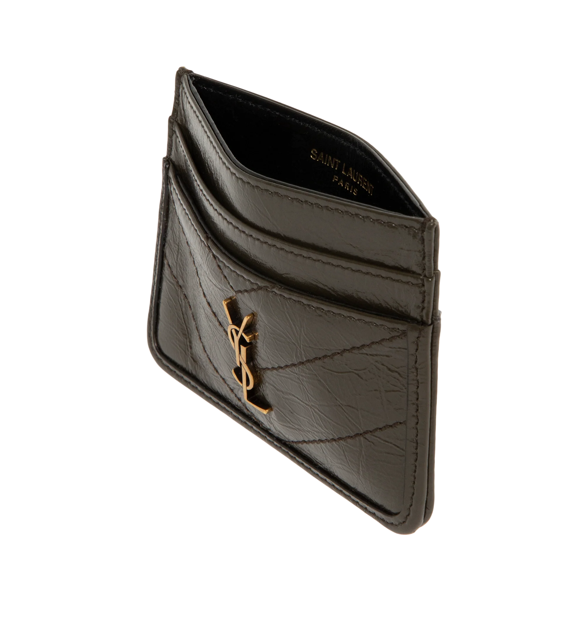 Image 3 of 3 - BROWN - Saint Laurent Womens Card Case is crafted from glossy naplak leather. Features signature CASSANDRE hardware, matelass quilted stitching, four card slots, and one center slip pocket. Dimensions: 9.9 7.6 0.5 cm. Main Material: Leather. Made in Italy.