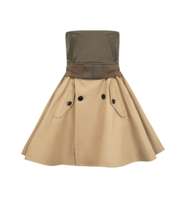 Image 1 of 2 - BROWN - SACAI Cotton Gabardine Dress featuring mini length, strapless, button flap pocket, paneled construction, fitted top and full skirt. Made in Japan.